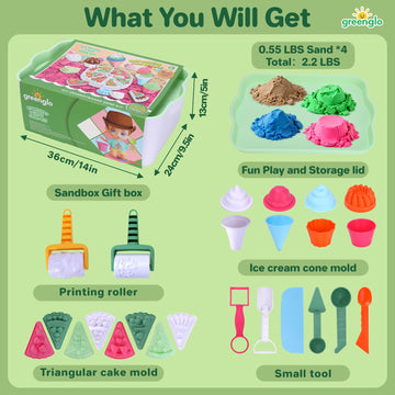 greenglo Kids Sensory Sand Playset - 2.2 LBS Colored Sand (1* Soft Magic, 3* Firm Modeling) with 23 Cake & Dessert Molds w Sensory Bin, Educational