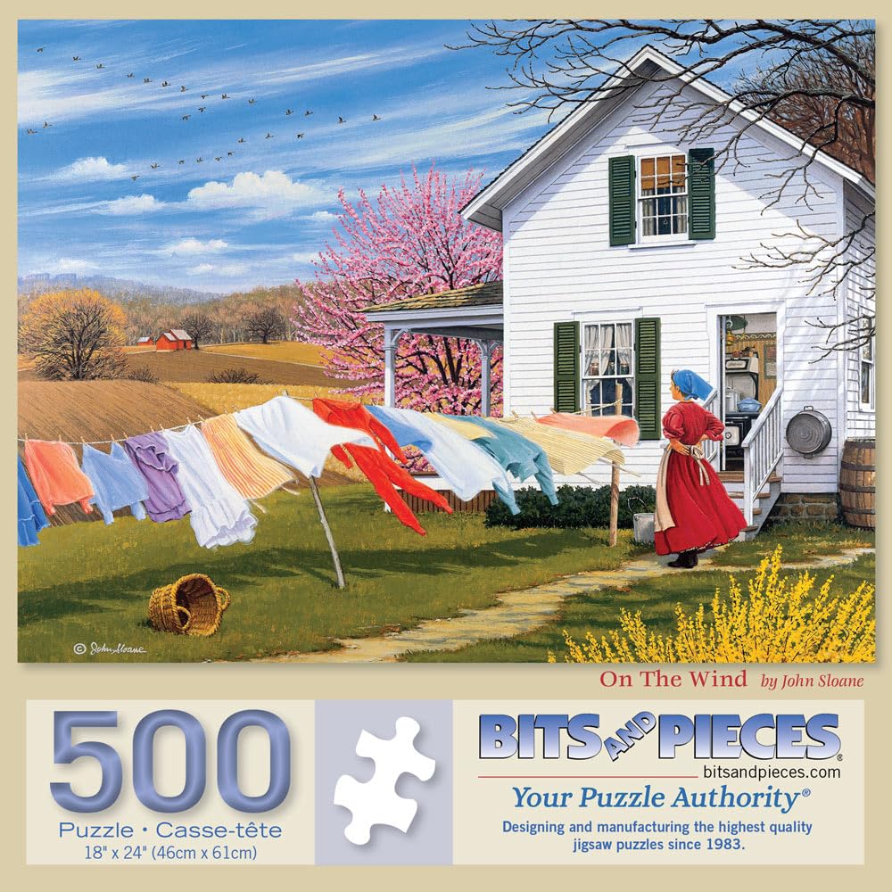 Bits and Pieces - 500 Piece Jigsaw Puzzle for Adults - 18" x 24" - On The Wind - 500 pc Countryside Laundry Line Jigsaw by John Sloane