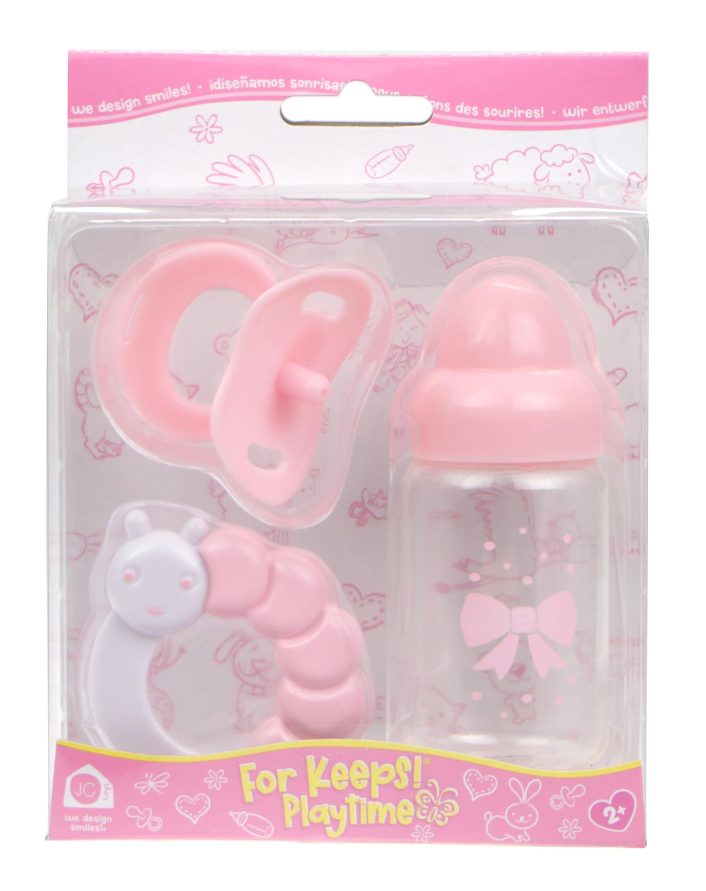 Pink Baby Doll Bottle, Rattle & Pacifier Set | JC Toys - for Keeps Playtime! | Fits Many Dolls up to 15" | Play Accessories | Ages 2+