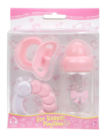 Pink Baby Doll Bottle, Rattle & Pacifier Set | JC Toys - for Keeps Playtime! | Fits Many Dolls up to 15" | Play Accessories | Ages 2+