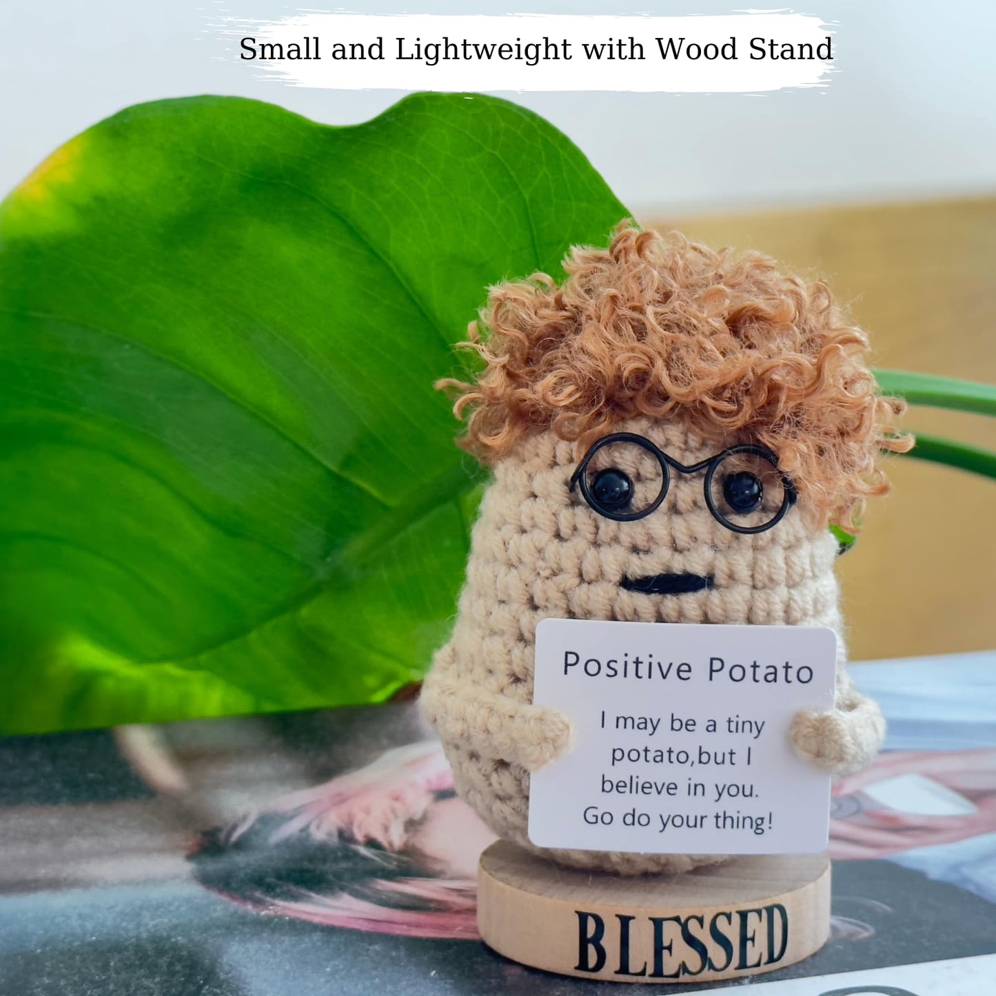 Jpaklpe Positive Crochet Potato, Handmade Desk Decor Gift with Wooden Stand