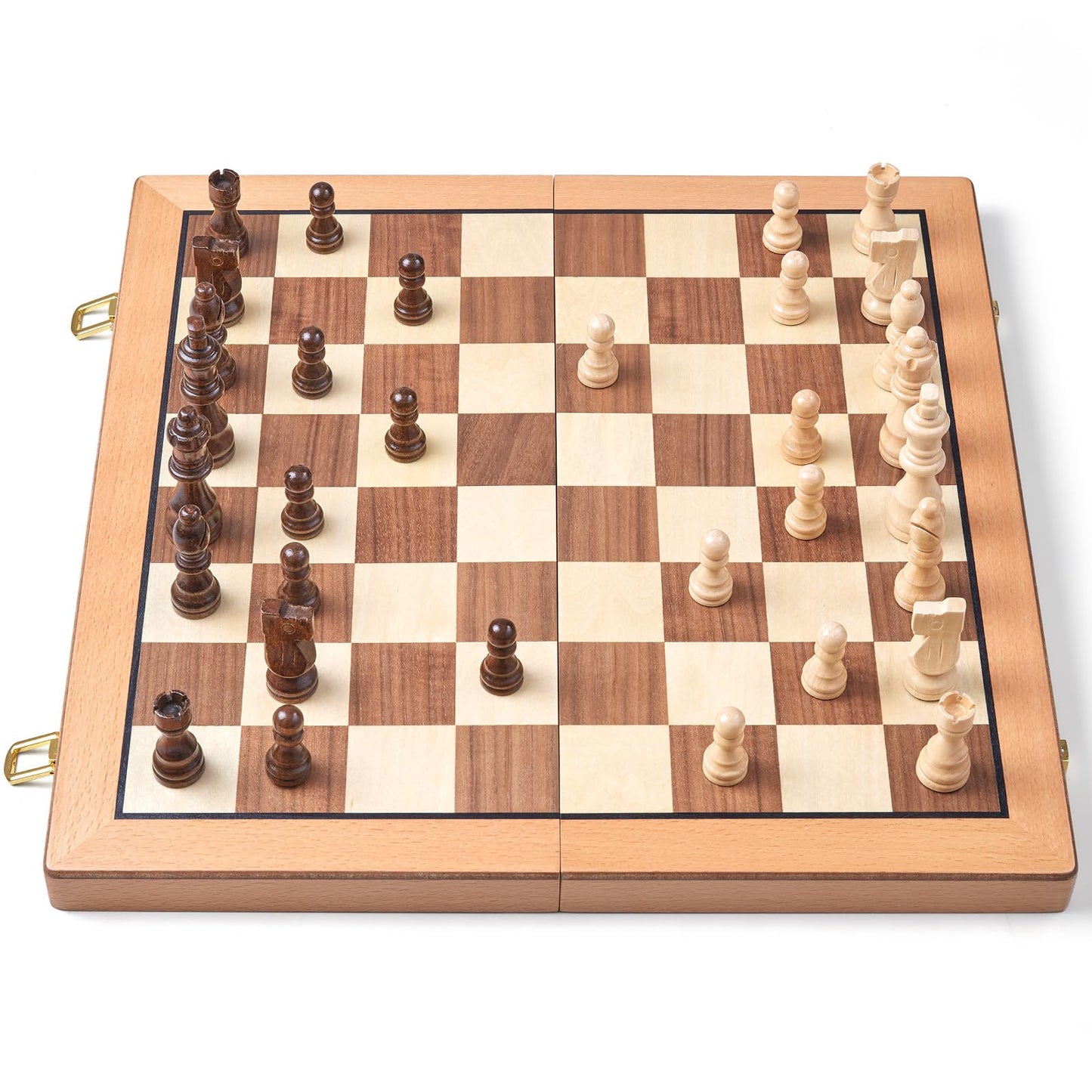 AMEROUS Magnetic Wooden Chess Set, 15 Inches Handmade Wooden Folding Travel Chess Board Game Sets with Chessmen Storage Slots for Kids and Adults, 2