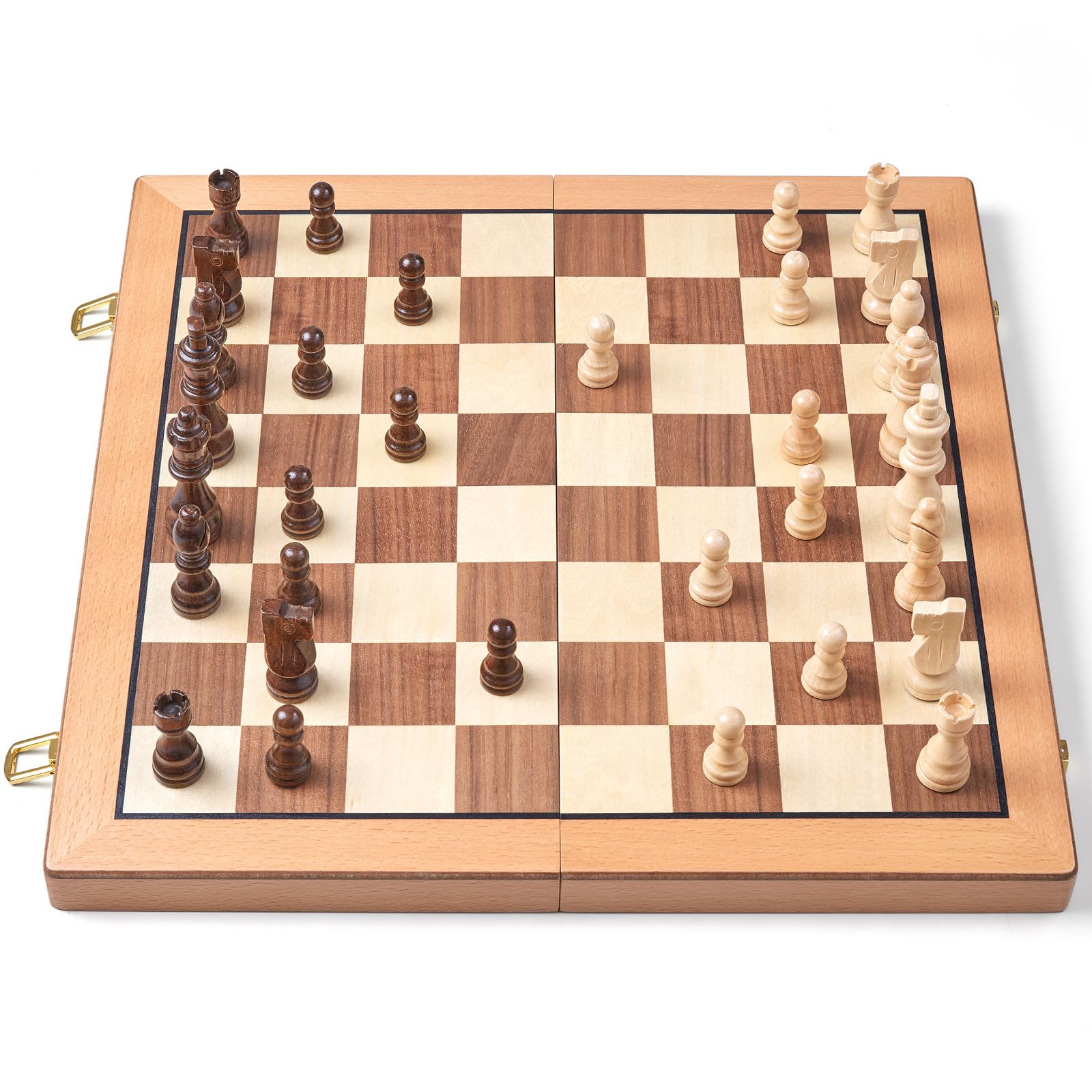 AMEROUS Magnetic Wooden Chess Set, 15 Inches Handmade Wooden Folding Travel Chess Board Game Sets with Chessmen Storage Slots for Kids and Adults, 2