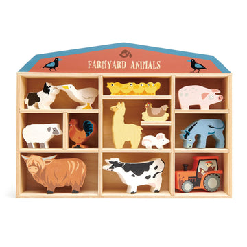 Tender Leaf Toys Farmyard Animals “ 13 Wooden Country Farm Figurines with a Display Shelf - Classic Toy for Pretend Play “ Develops Creative