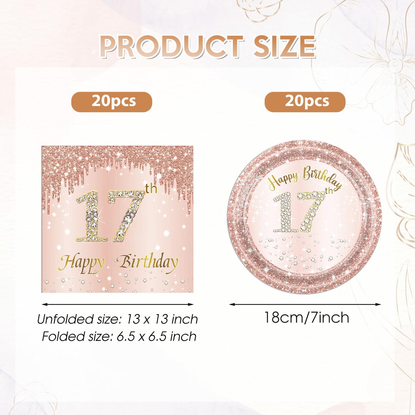 40 Pcs 17th Birthday Decorations for Girls,Rose Gold 17 Years Old Birthday Party Plates and Napkins Disposable 17th Birthday Paper Tableware Set