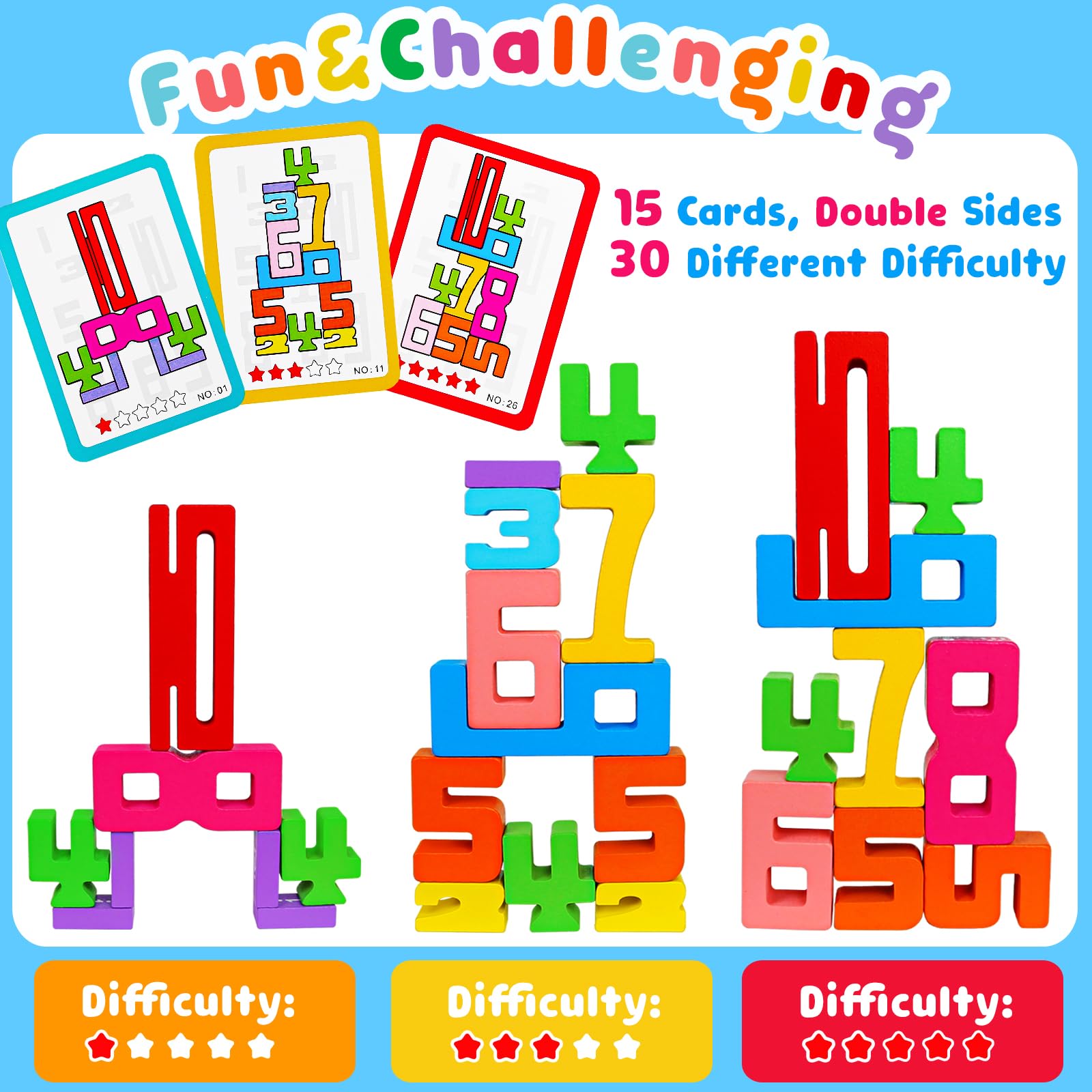 Montessori Wooden Number Building Blocks Toys for Toddlers Kids Stacking Number Blocks 1-10 Preschool Math Learning Educational Toys for 3 4 5 Year