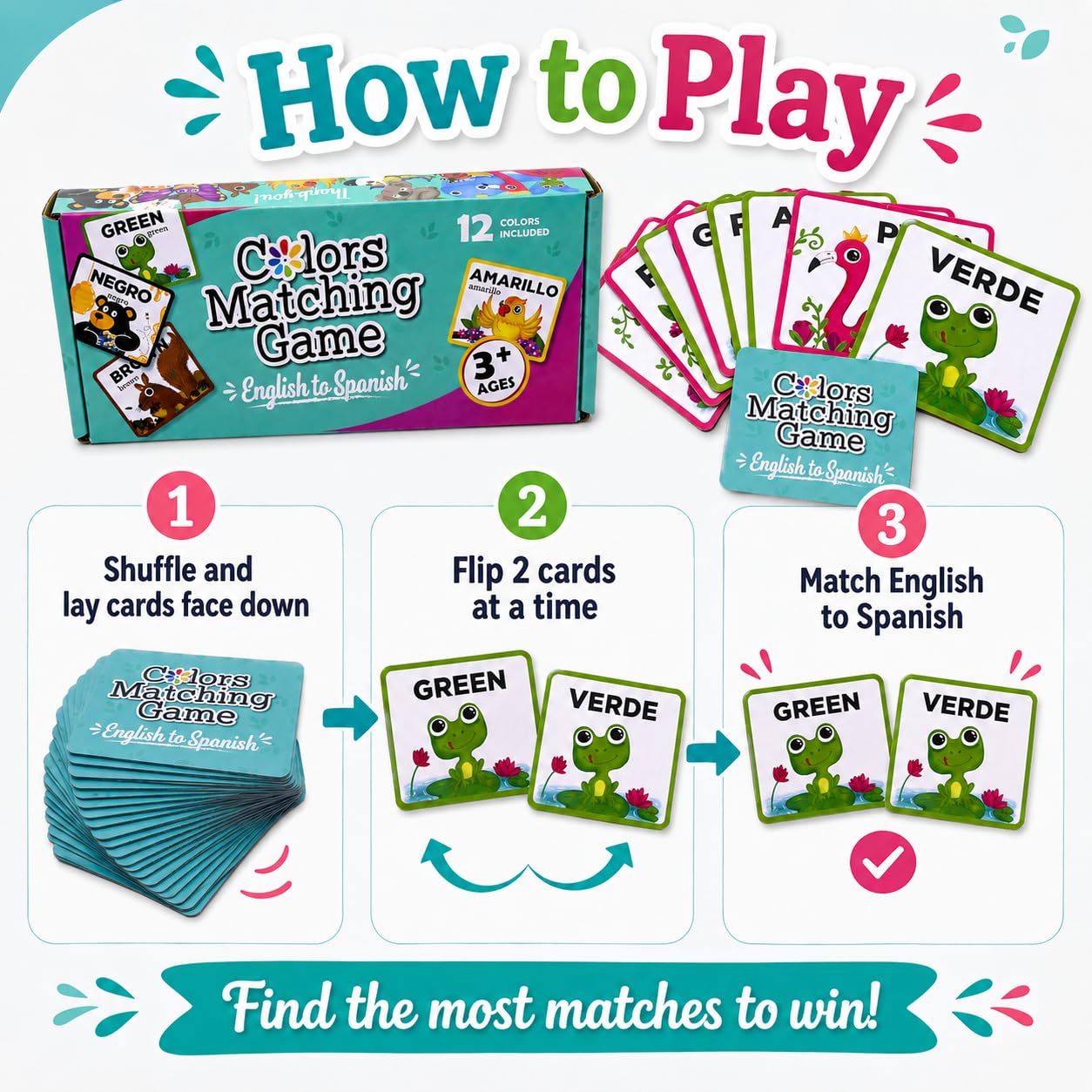 Urban Supply Co Bilingual Colors Matching Memory Game - Learn Spanish and English Colors. ESL and Language Immersion for Early Children's Bilingual
