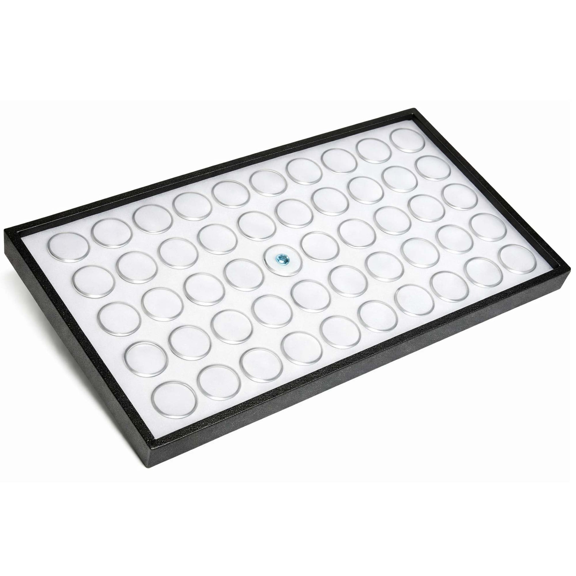 RJ Displays 50 White Foam Gem Jars with Tray, Gemstone Display Case with Lids for Gems, Coins, Gem Storage Organizer, Gem Holder, Charm Box, Gem