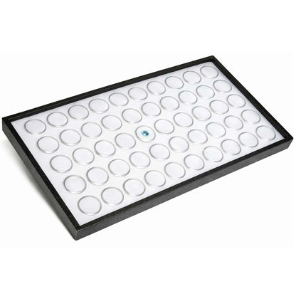 RJ Displays 50 White Foam Gem Jars with Tray, Gemstone Display Case with Lids for Gems, Coins, Gem Storage Organizer, Gem Holder, Charm Box, Gem