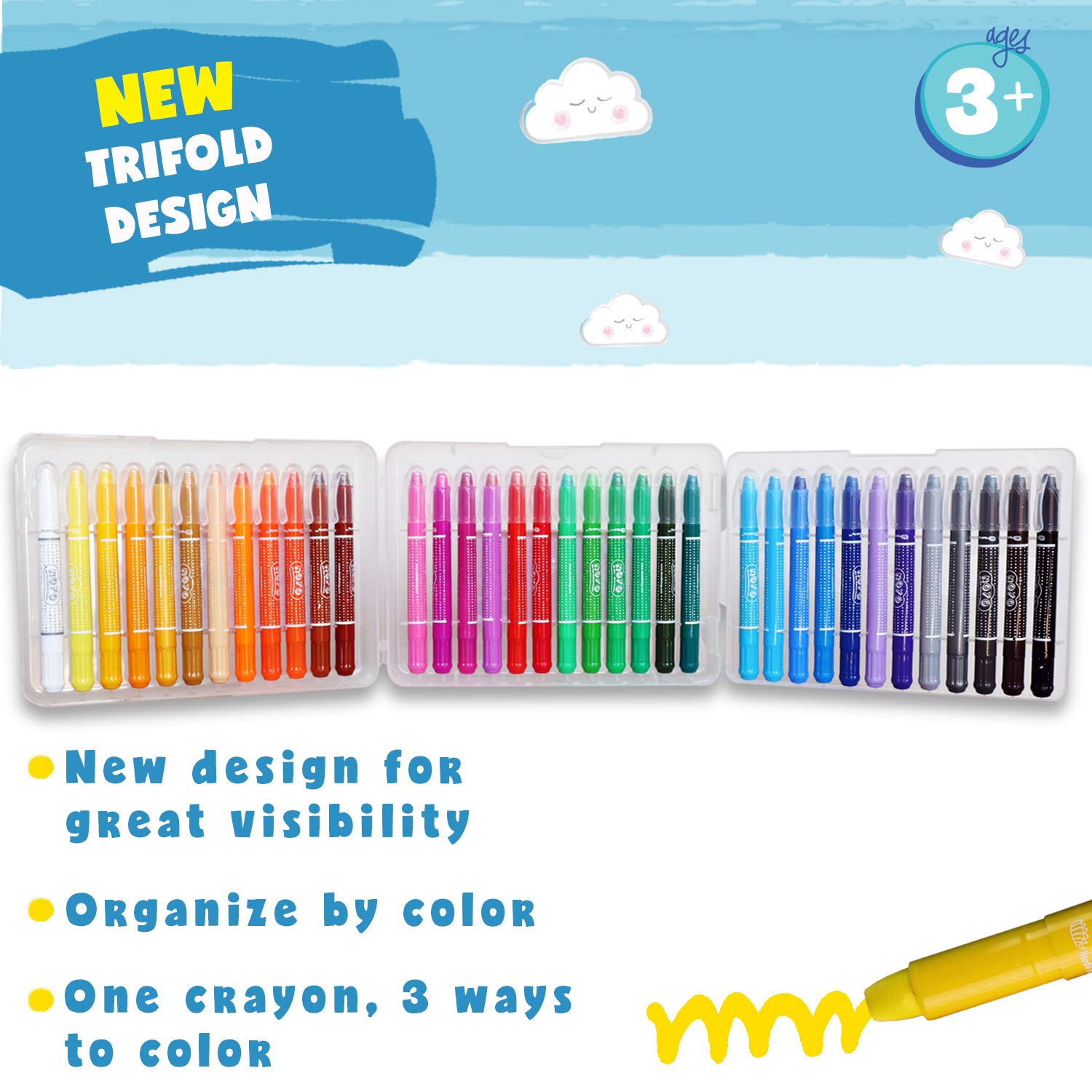 DOODLE HOG Washable Crayons 36 Colors, Kids and Toddler Crayons, Watercolor, Non Toxic, 3 in 1, for Kids Ages 4-8