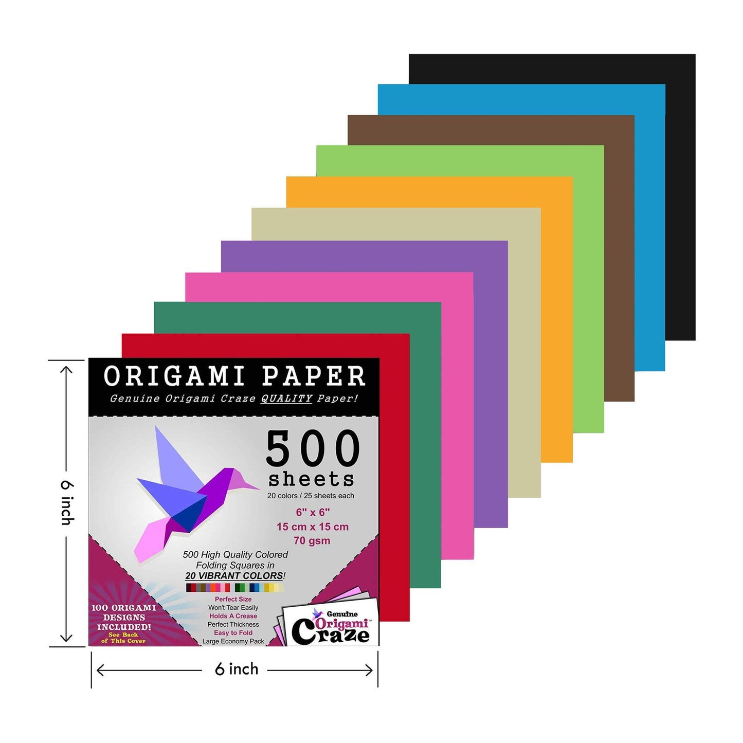 Origami Paper 500 Sheets Premium Quality for Arts and Crafts 6" Square Sheets 20 Vibrant Colours Same Colour on Both Sides 100 Design Ebook Included
