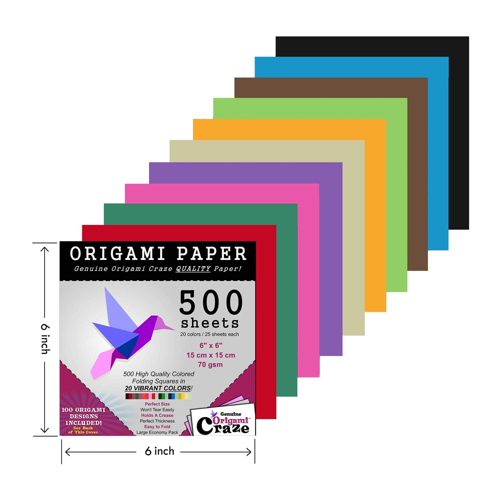 Origami Paper 500 Sheets Premium Quality for Arts and Crafts 6" Square Sheets 20 Vibrant Colours Same Colour on Both Sides 100 Design Ebook Included
