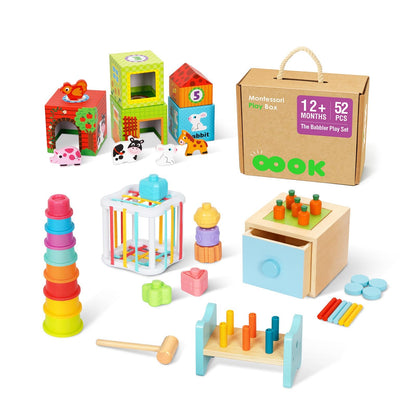 OOOK Montessori Toys for 1 Year Old, 7 in 1 Learning Educational Kit with Sensory Bin,Nesting Box, 3 in 1 Educational Box,Pounding Bench and Baby