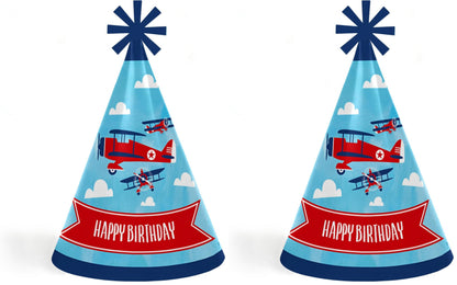 Big Dot of Happiness Taking Flight - Airplane - Cone Happy Birthday Party Hats for Kids and Adults - Set of 8 (Standard Size)