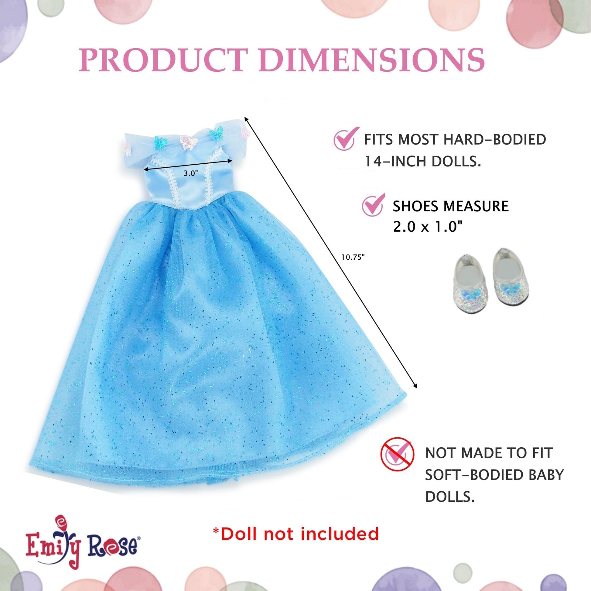 Emily Rose 14 & 14.5 Inch Doll Sparkling Blue Princess Dress Fairytale Ballgown & Slipper Shoes | USA Brand | Magical Outfit for Hard-Bodied Dolls |