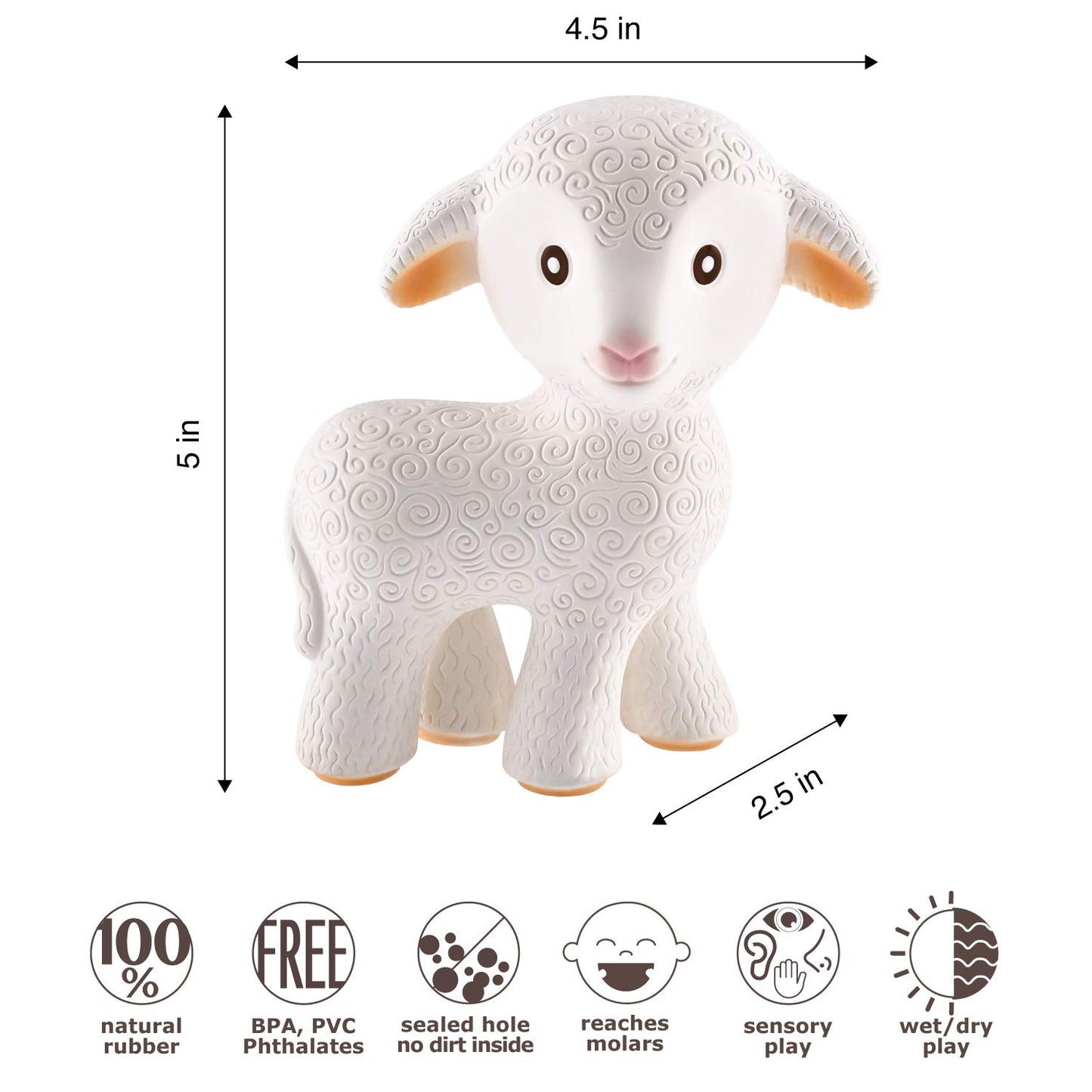 CaaOcho Pure Natural Rubber Teething Baby Toy - Mia the Lamb Teether for Babies, BPA Free Baby Toy, All Natural Teething Toys for Babies 0-6, Safe