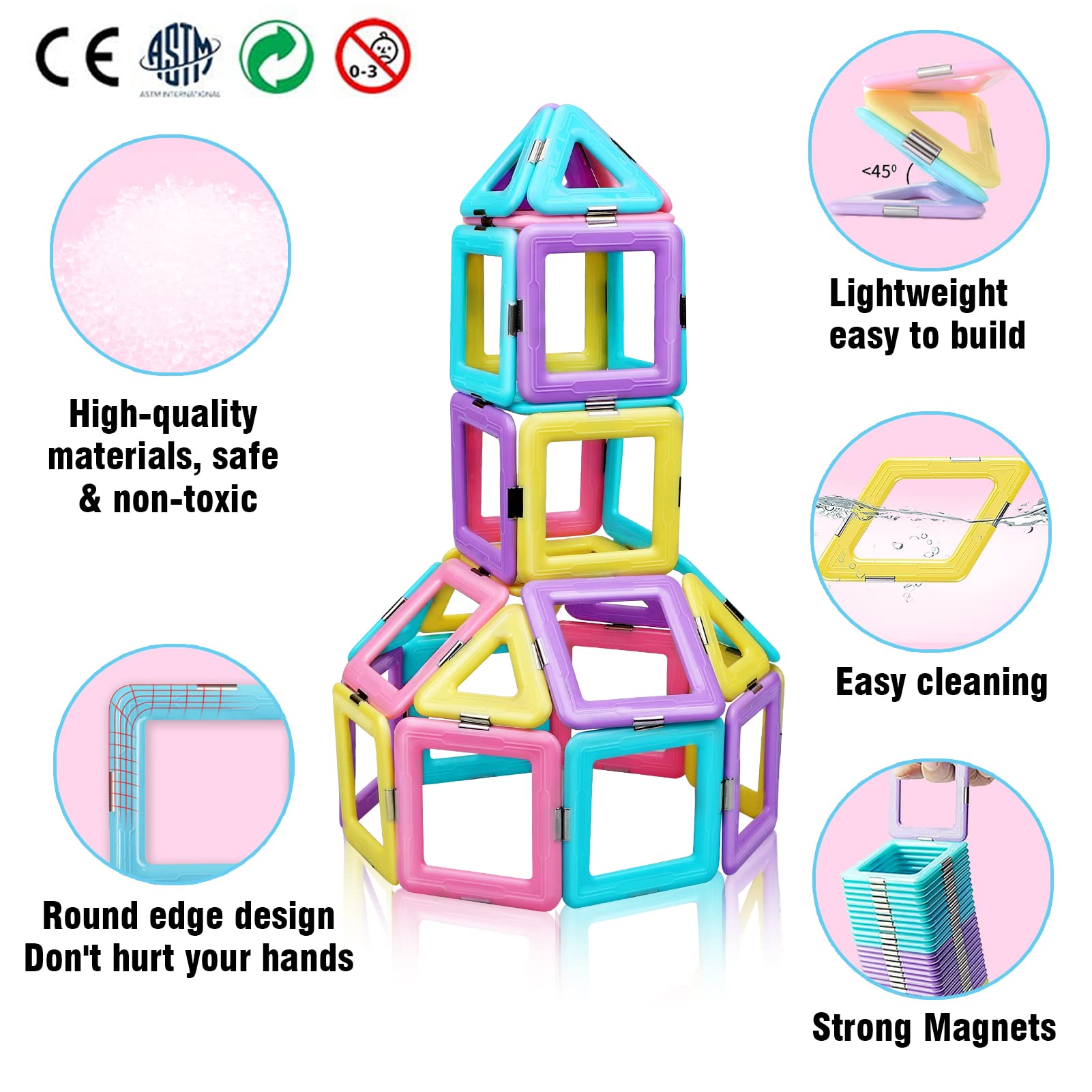 Tolnetr Magnetic Tiles Toys for 3 4 5 6 7 8+ Year Old Boys Girls Upgrade Macaron Castle Blocks Building Set for Toddlers STEM Creativity/Educational
