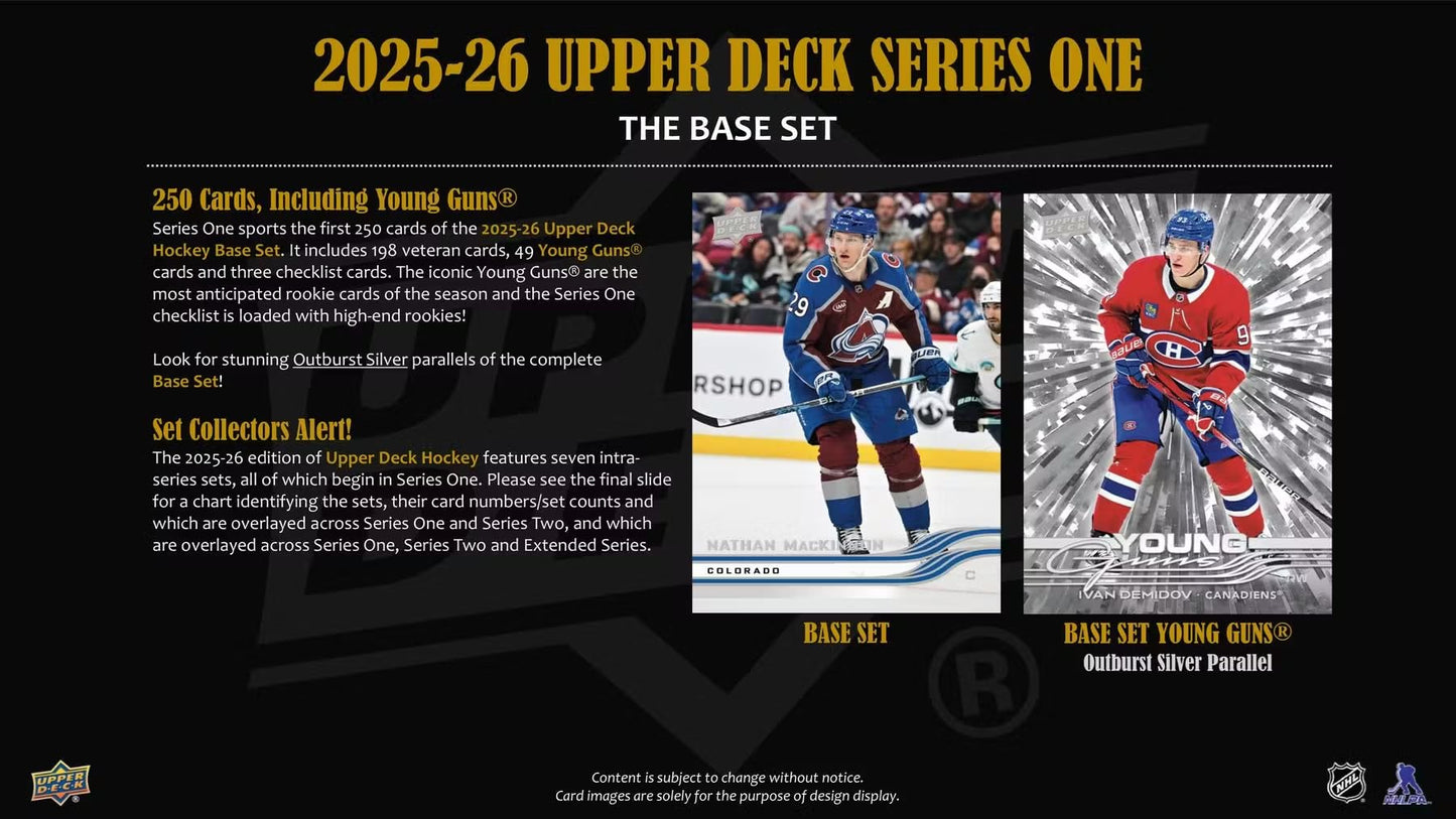 2025/26 Upper Deck Series 1 Hockey Trading Card Tin (Three Young Guns Rookie Cards Per Box)