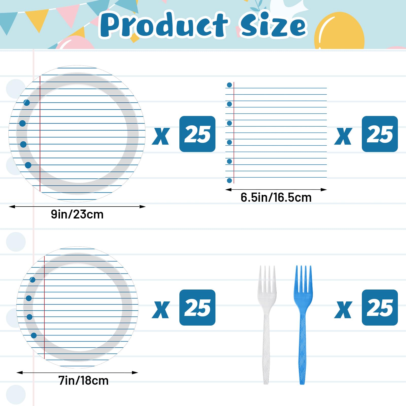 100 Pcs Back to School Party Supplies - Serves 25, Notebook Lined Paper Disposable Tableware, Includes Paper Plates, Napkins, and Plastic Forks
