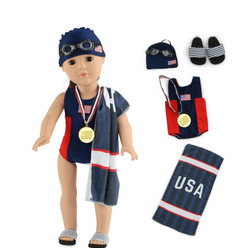 Emily Rose 18 Inch Doll Swim Team Outfit - 6 Pc Competitive Swimmer Doll Clothes & Accessories Set with Medal, Goggles, Cap, Towel & Sandals, Gift