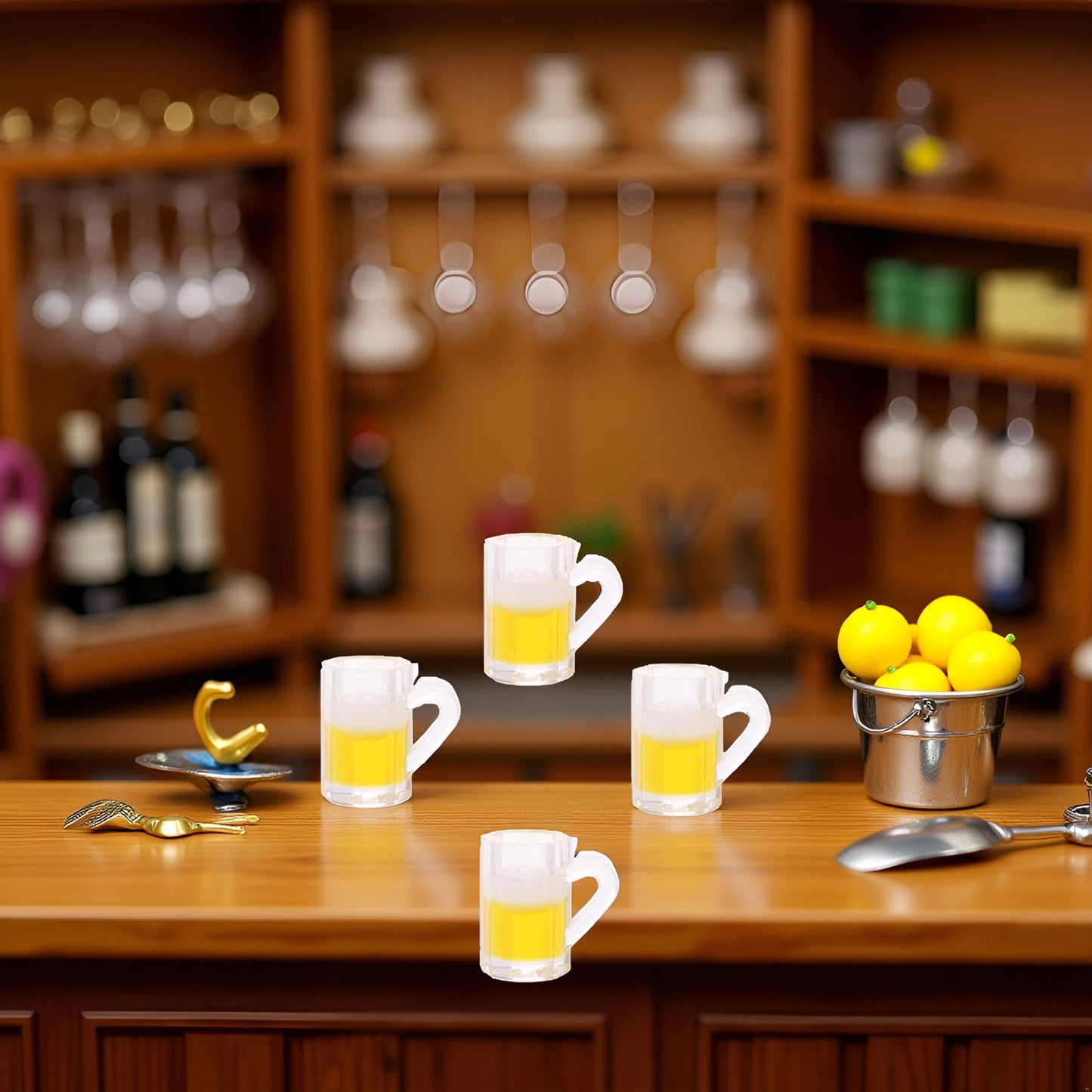 4Pcs Yellow 1:12 Scale Realistic Beer Drinking Cups Dollhouse Accessory, Porcelain Miniature Mugs Decor