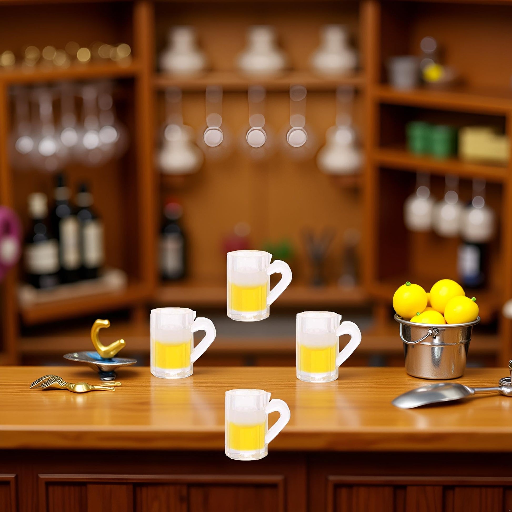 4Pcs Yellow 1:12 Scale Realistic Beer Drinking Cups Dollhouse Accessory, Porcelain Miniature Mugs Decor