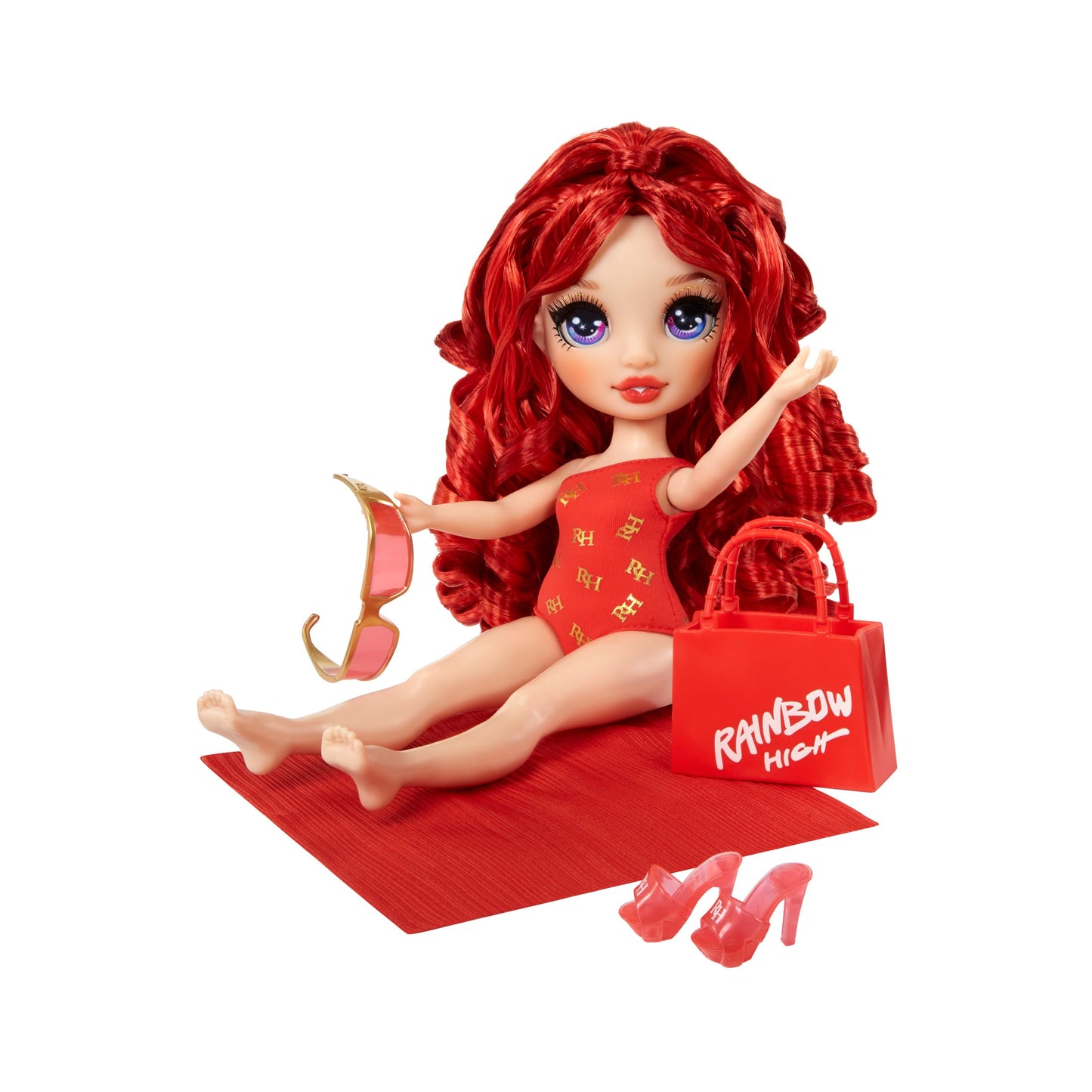 Rainbow High Swim & Style Ruby, Red 11" Fashion Doll with Shimmery Wrap to Style 10+ Ways, Removable Swimsuit, Sandals, Fun Play Accessories. Kids Toy
