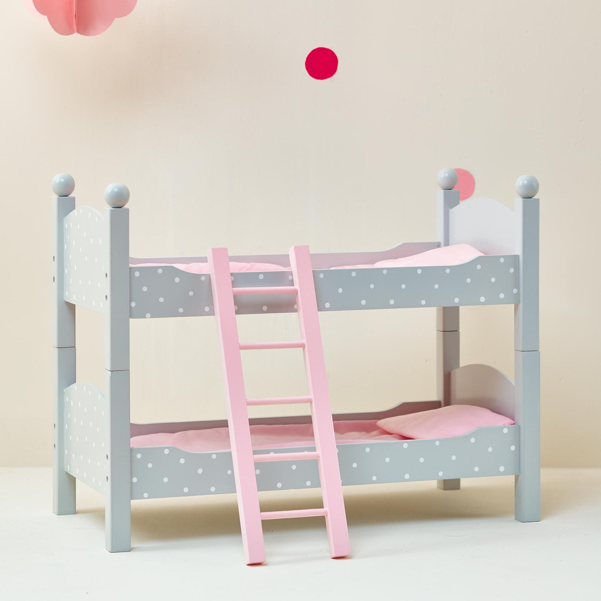 Olivia's Little World 18 in. Doll Wooden Convertible Bunk Bed Stacked on Top or Unstacked as Two Single Beds, Gray with White Polka Dots and Pink