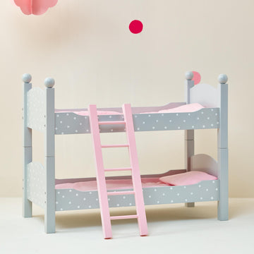 Olivia's Little World 18 in. Doll Wooden Convertible Bunk Bed Stacked on Top or Unstacked as Two Single Beds, Gray with White Polka Dots and Pink