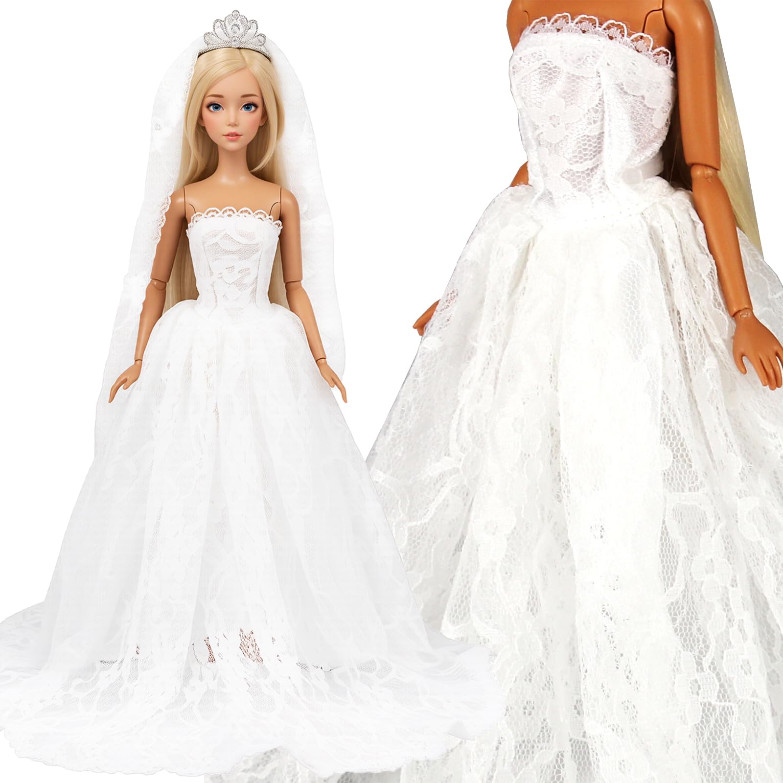 BARWA White Wedding Dress with Long Veil Evening Party Princess White Lace Gown Dress for 11.5 Inch Girl Doll