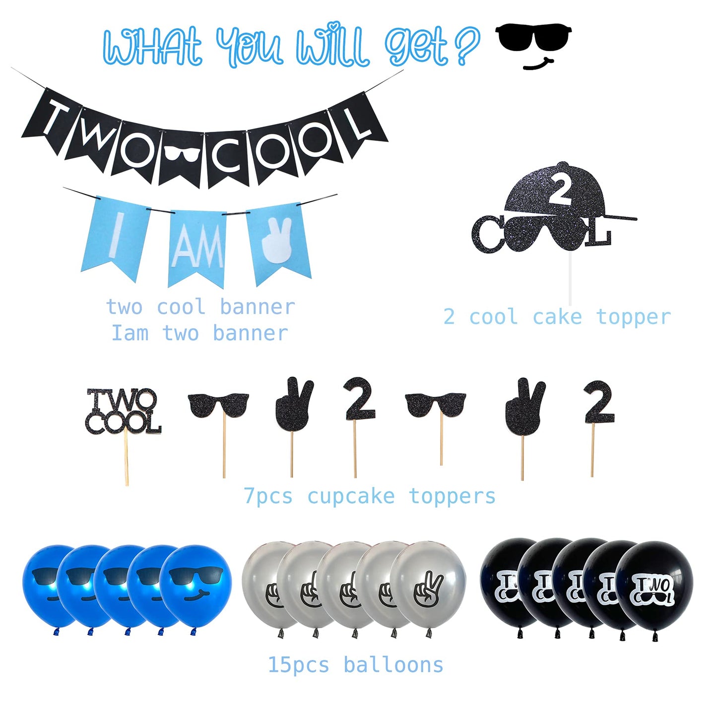 Two Cool Birthday Party Decorations & Supplies - I AM TWO Banner, Balloons, Cake Topper for Little Man's 2nd Birthday