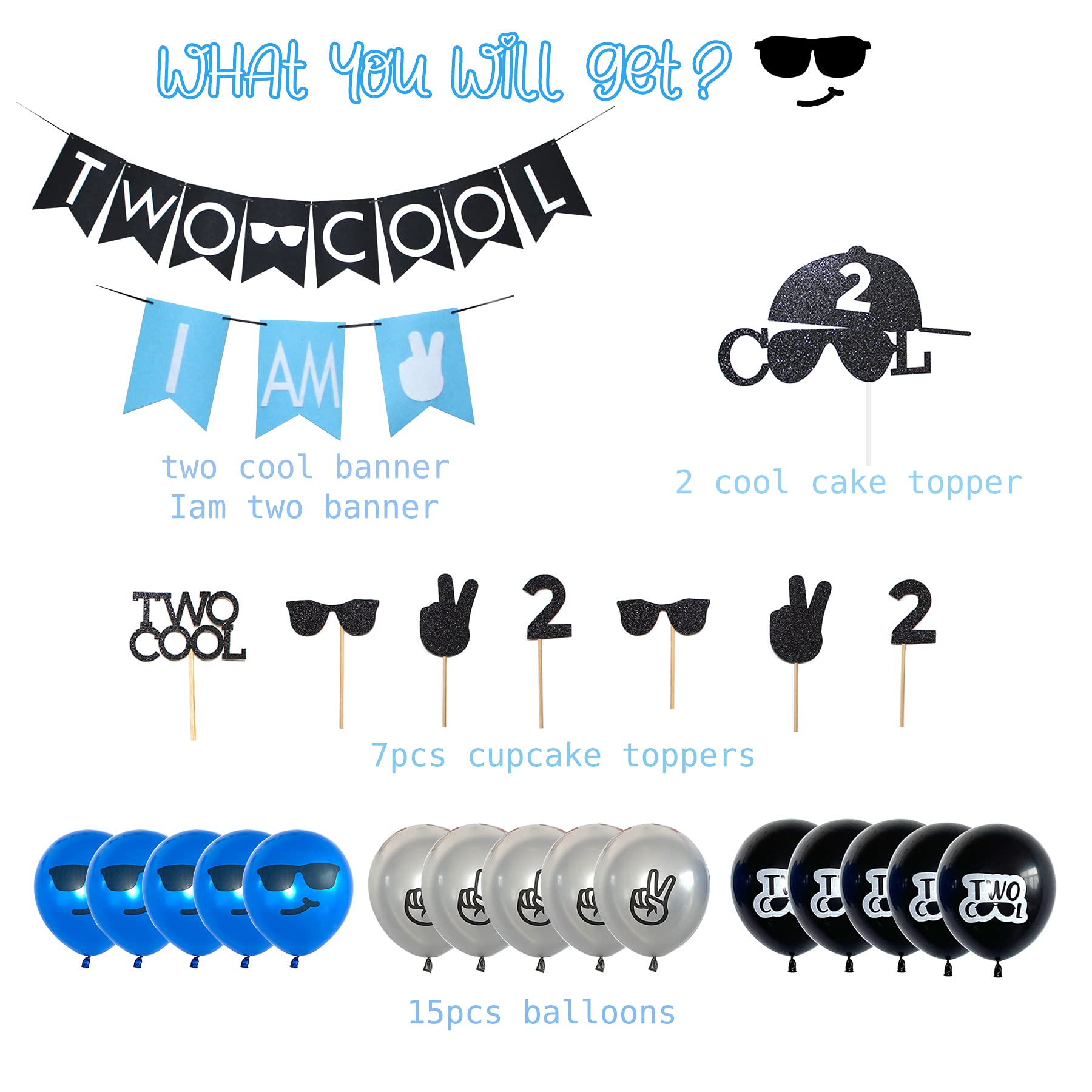 Two Cool Birthday Party Decorations & Supplies - I AM TWO Banner, Balloons, Cake Topper for Little Man's 2nd Birthday