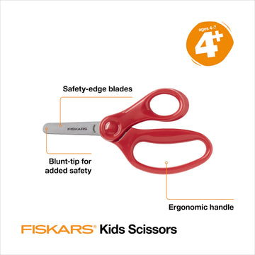 Fiskars 5" Blunt-Tip Scissors for Kids Ages 4-7, Scissors for School or Crafting, Back to School Supplies, Red