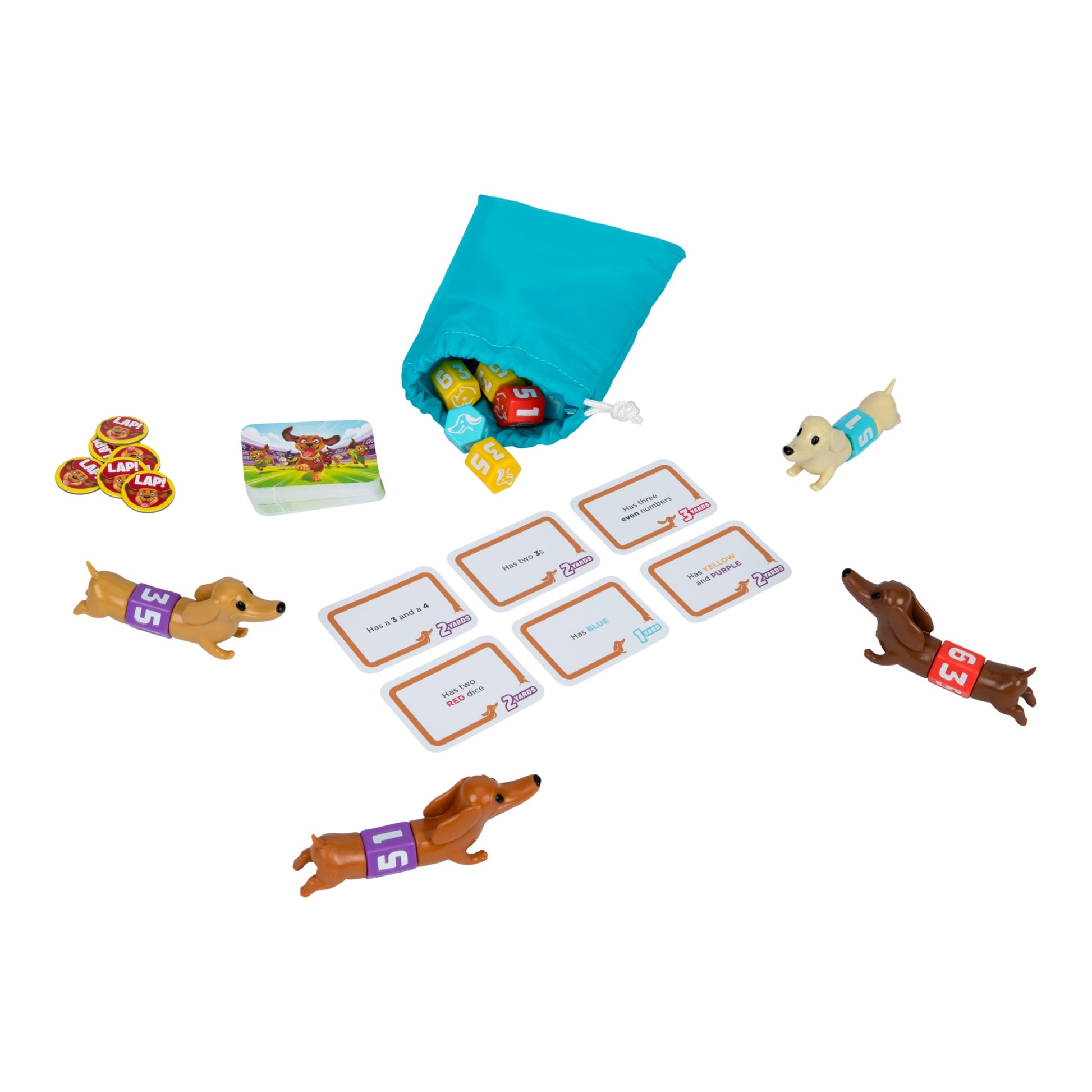 The Wiener Dog Race Game, Easy-to-Learn Dice Game. Fetch & ROLL Two Dice, Add The Best One to Your Dog to Stretch Them Out, Collect Yard Cards to Race