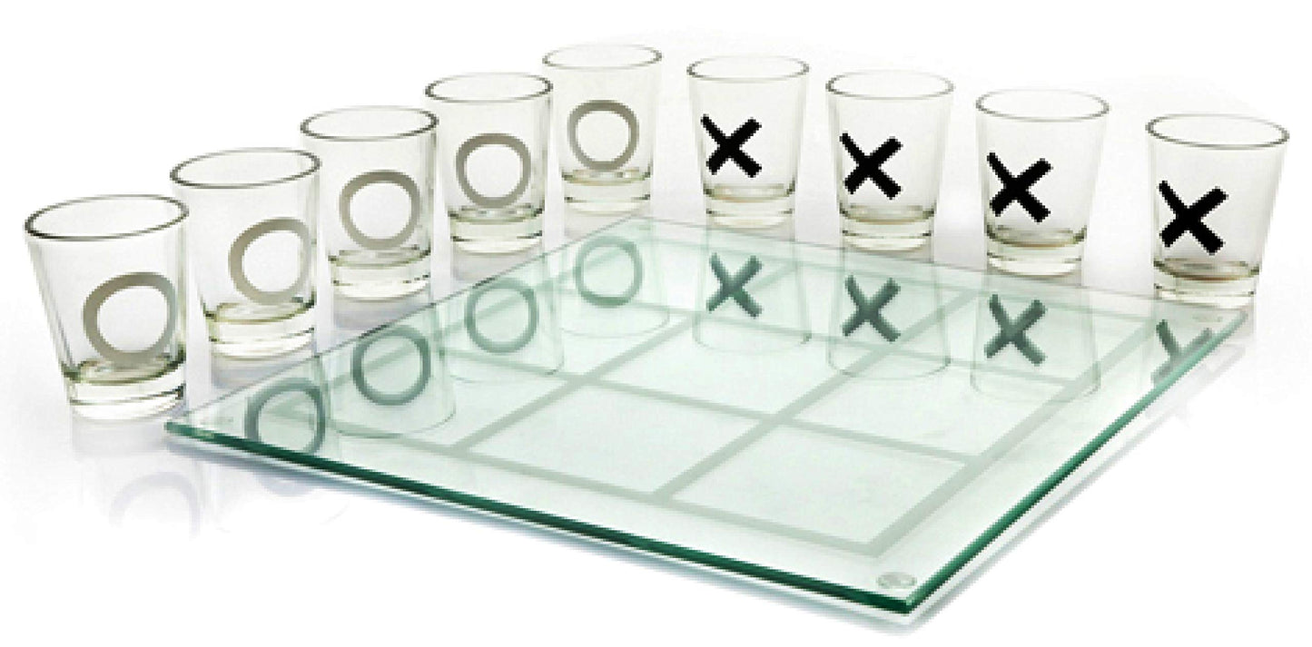 Matty's Toy Stop Tic-Tac-Toe, Three in A Row Shot Glass Drinking Game with 9 Shot Glasses and Glass Game Board (10" x 10")