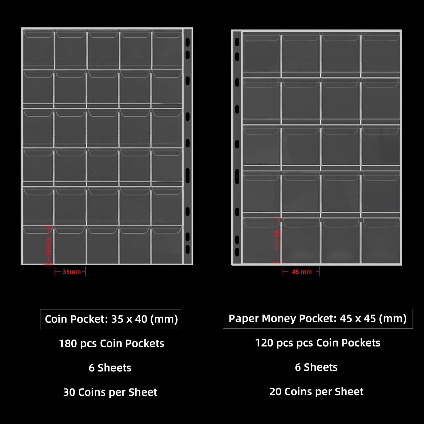 Fireproof Coin Collection Album for Collectors, 300 Pockets Coins Collecting Album & 36 Sleeves Money Storage Case for Coin Currency Collection
