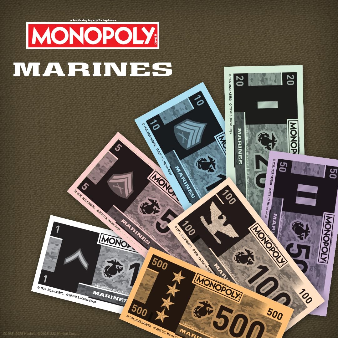 Monopoly: Marines 250th Anniversary Edition, Celebrate 250 Years, Buy Bases Worldwide and Upgrade with Tents & Barracks, Play as Tokens: Combat Boots