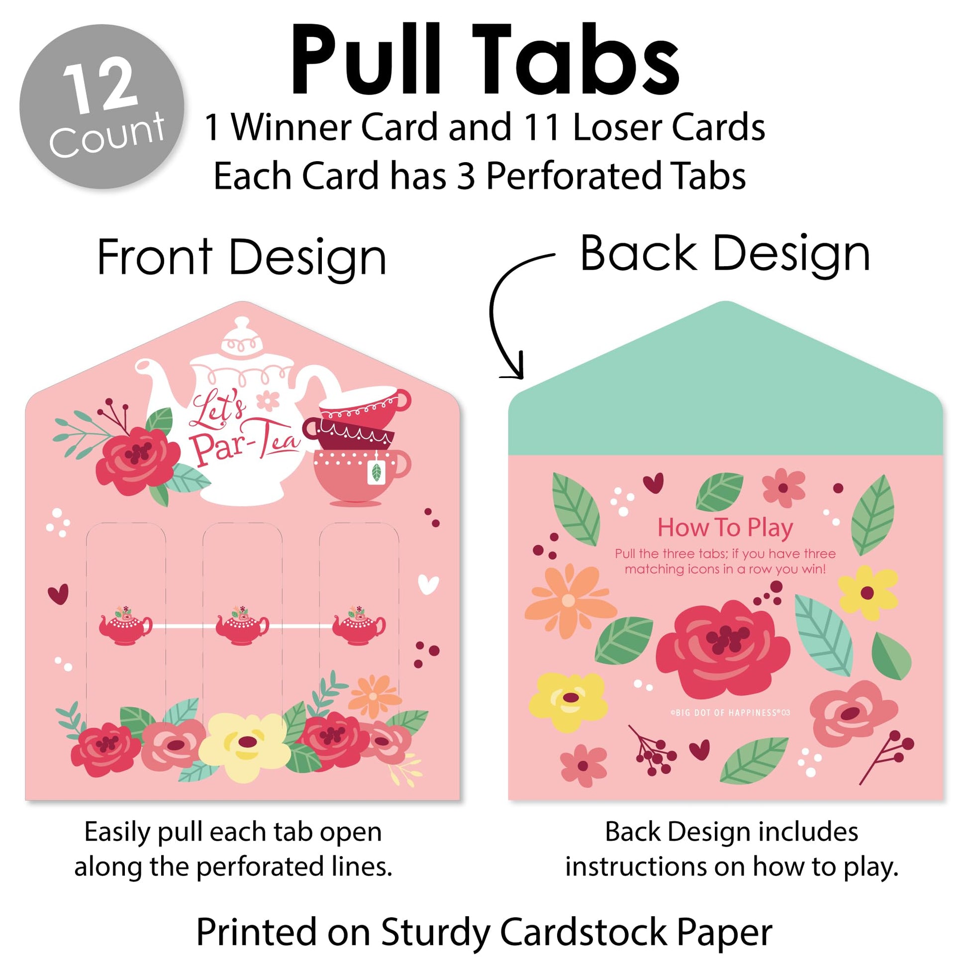 Big Dot of Happiness Floral Let's Par-Tea - Garden Tea Party Game Pickle Cards - Pull Tabs 3-in-a-Row - Set of 12