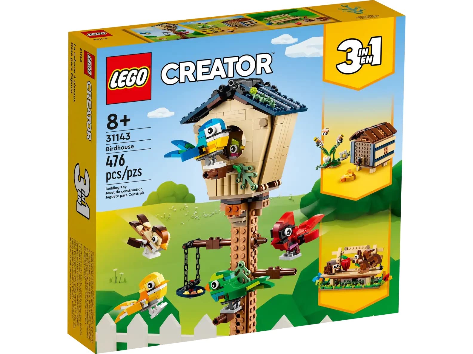 LEGO Creator 3in1 Birdhouse 31143, Birds to Hedgehog to Beehive Set, Forest Animal Figures, Building Toys for Kids Ages 8 Years and Over, Colorful Toy
