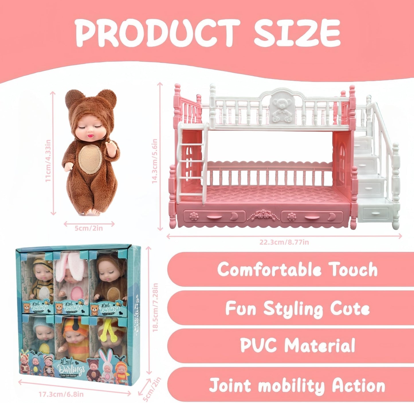 SwankyStyle 6 Pcs Mini Baby Dolls 4 Inch Gift Set, Cute Small Baby Doll Toys with Animal Clothes for Christmas Stockings, or Dollhouse Collections.