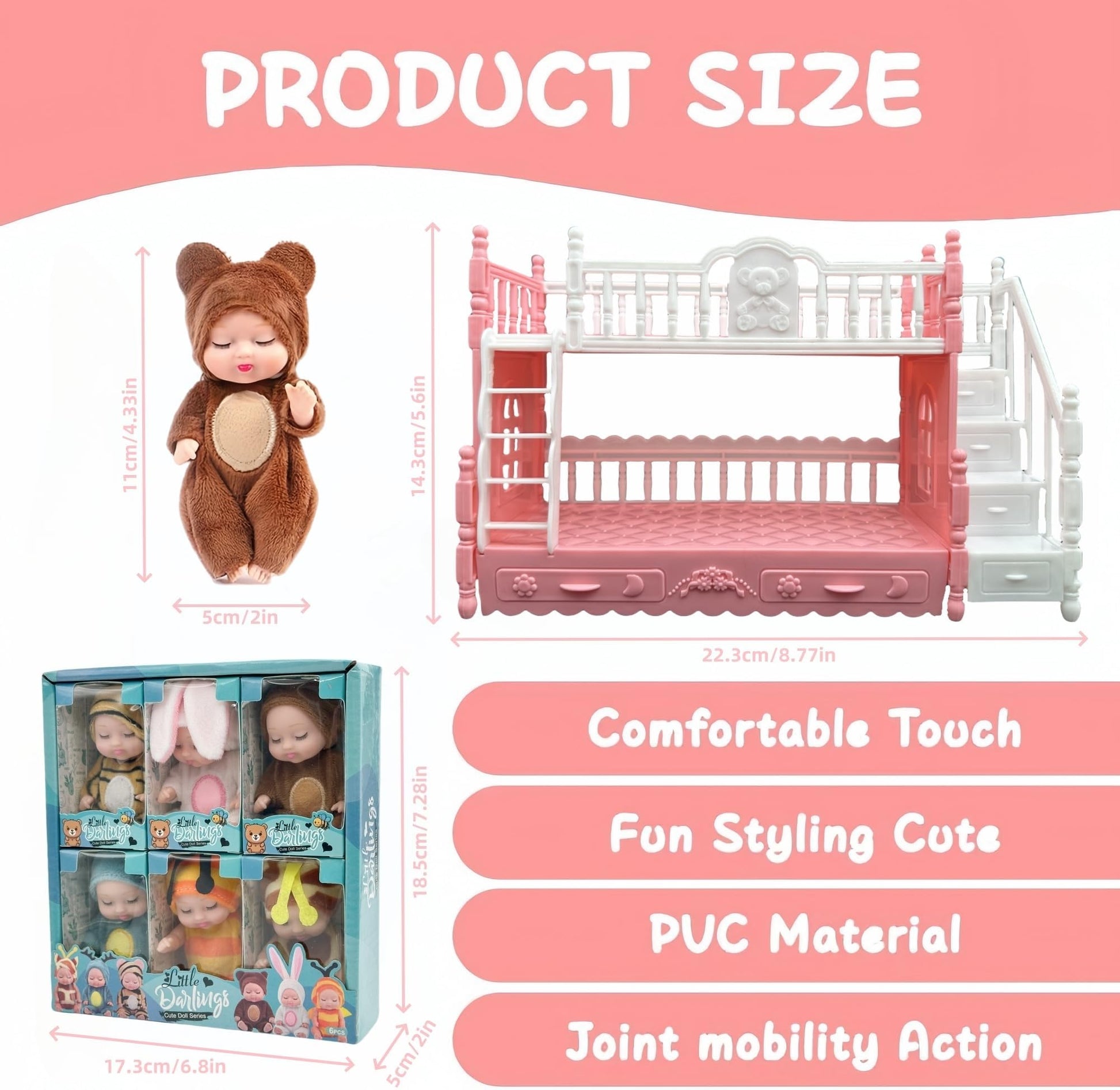 SwankyStyle 6 Pcs Mini Baby Dolls 4 Inch Gift Set, Cute Small Baby Doll Toys with Animal Clothes for Christmas Stockings, or Dollhouse Collections.