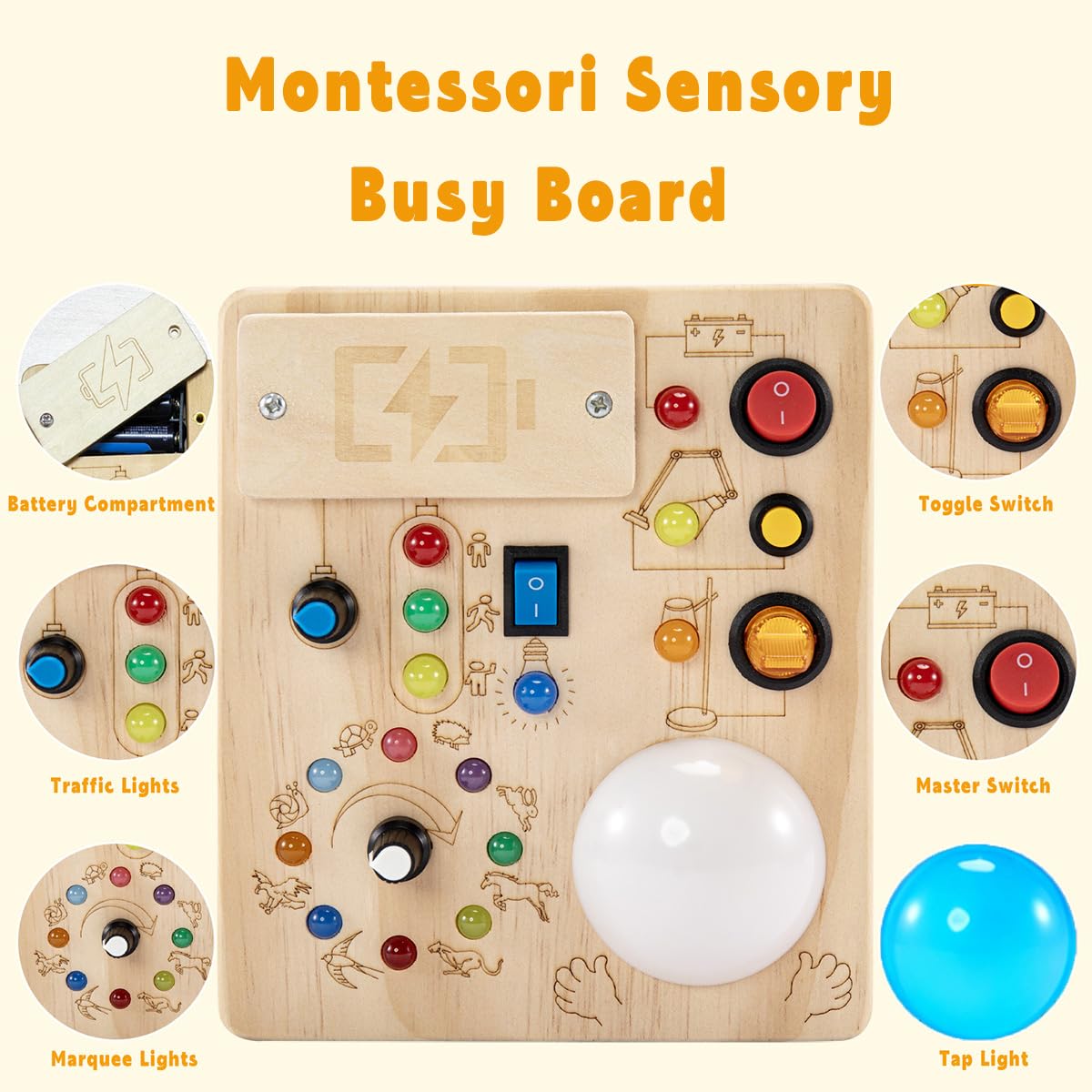 IRUPEN Montessori Busy Board for Toddlers 1-3 Year Old, Sensory Activity Toys for Baby Aged 1 2 3 Years Old with LED Light Switches, Wooden Travel