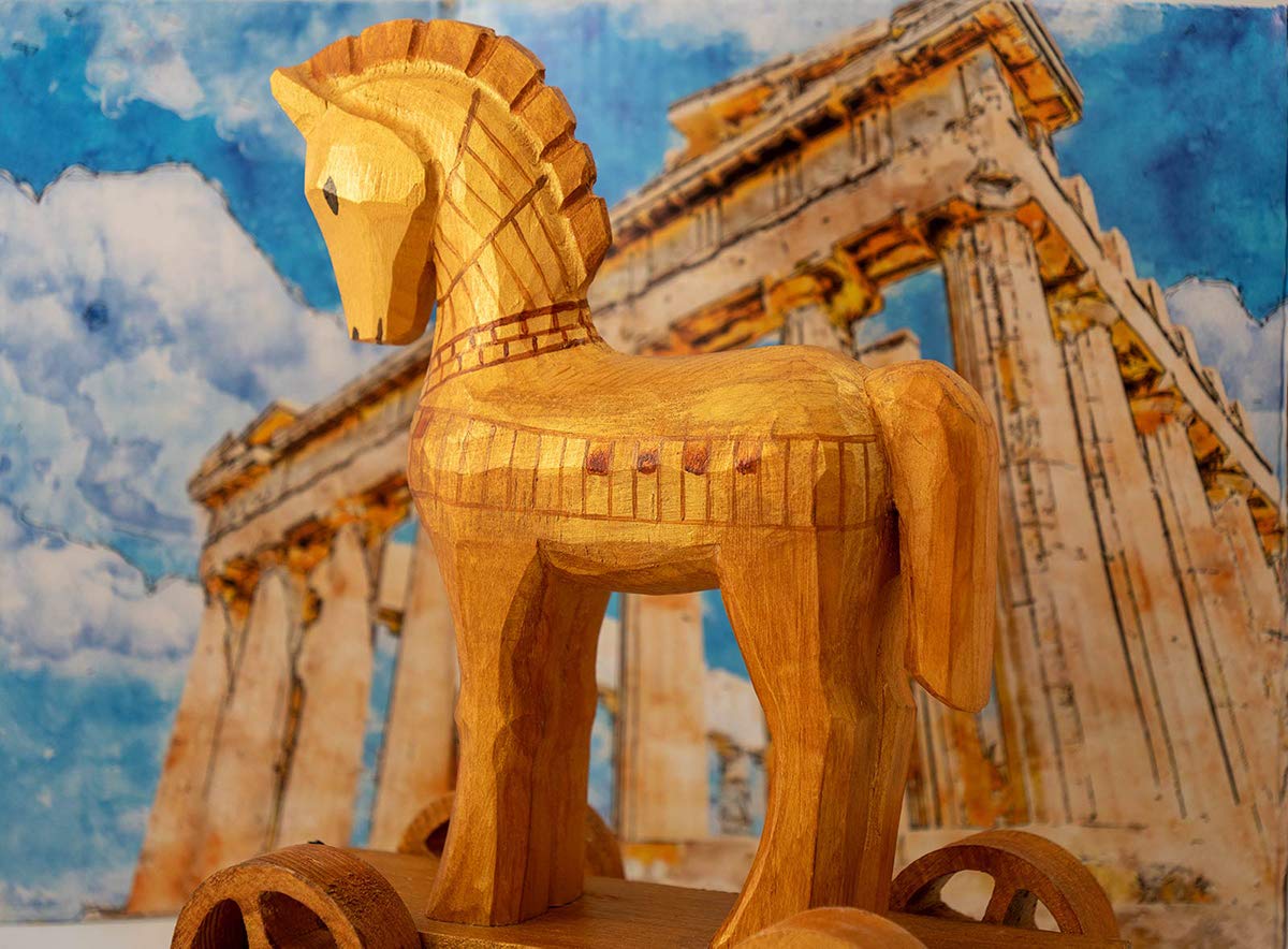 Johnny World - Ancient Toys - Wooden Trojan Horse Pull Toy with Hardcover Book! Teach Children About History Through Interactive Play