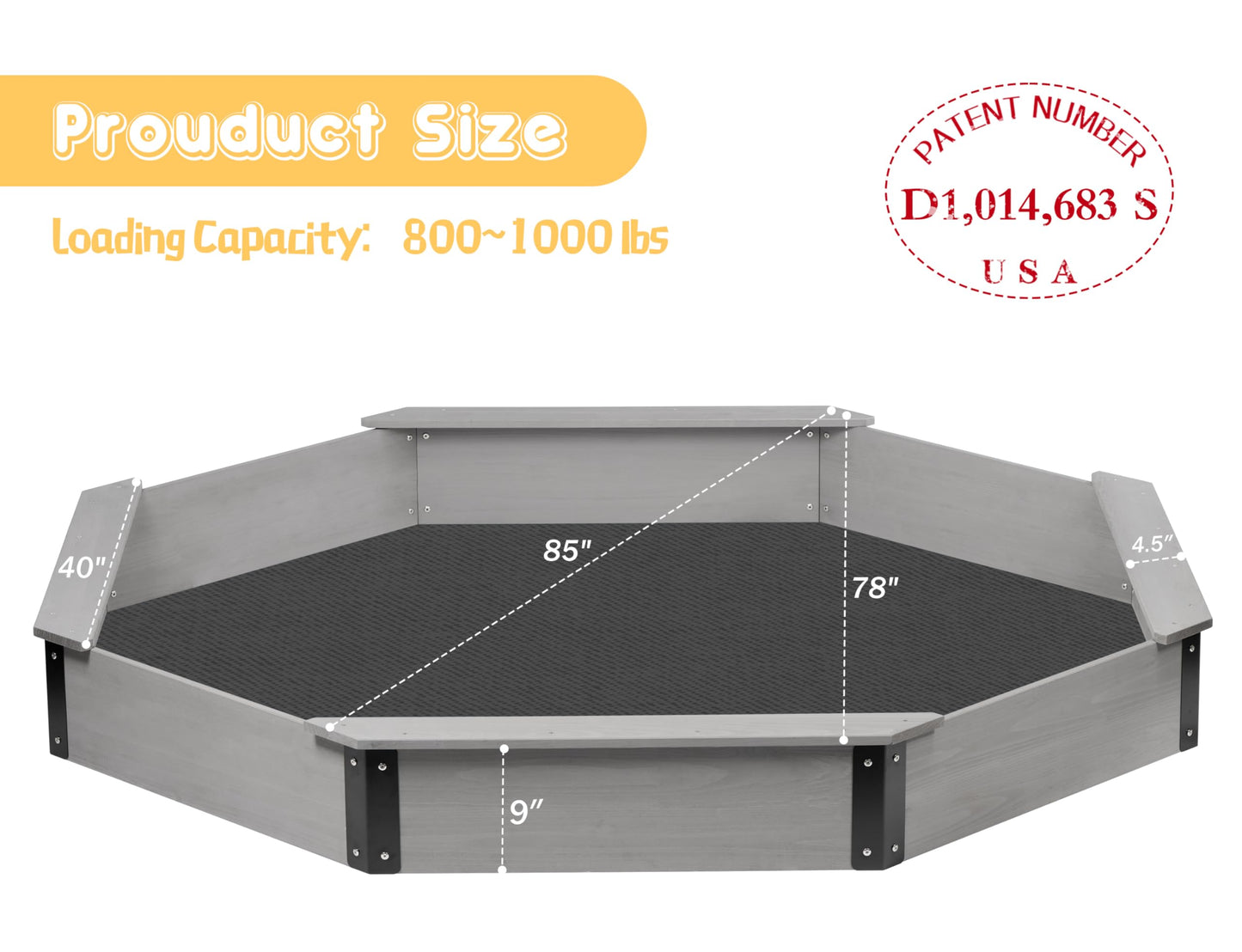 85''x78''x9'' Octagon Sandbox with Cover for Kids Outdoor Play, Wood Large Sandpit with 4 Benches, Quick Easy Install, US. Patented