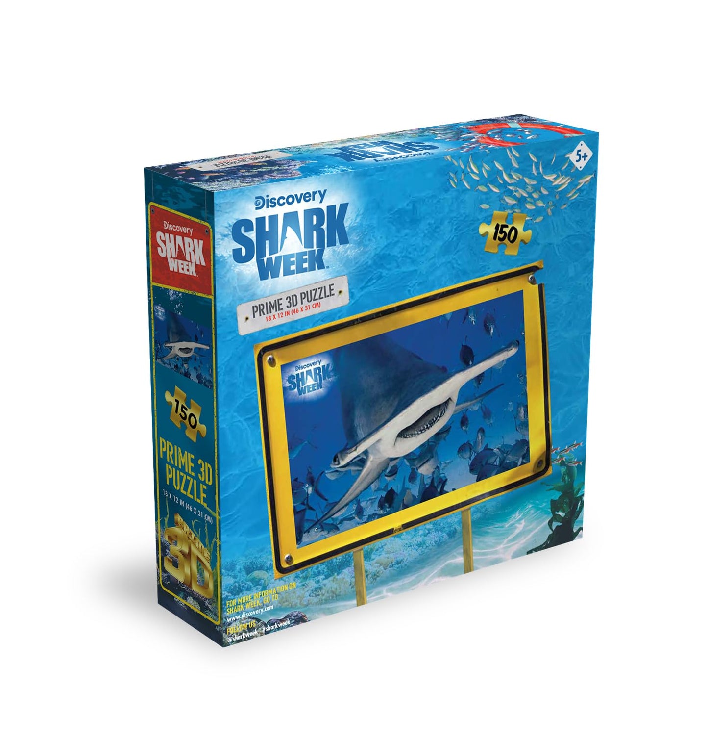 Prime 3D Shark Week Puzzle - 150 Piece 3D Lenticular Underwater Jigsaw for Kids & Families, 18"x12" Educational Activity, Official Discovery Gift