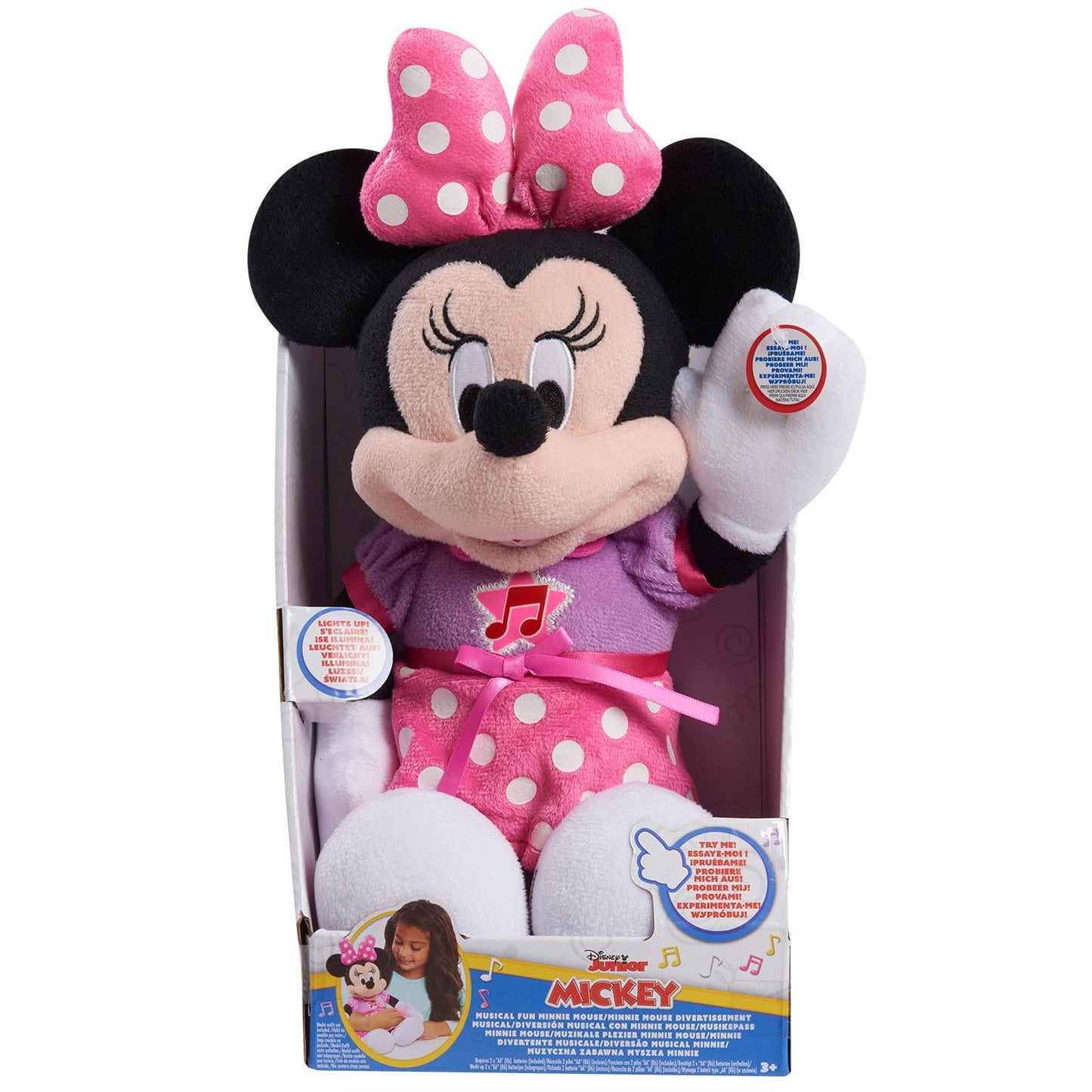 Disney Junior Mickey Mouse Funhouse Singing Fun Minnie Mouse 13 Inch Lights and Sounds Feature Feature Plush, Sings Bowtoons Theme Song, Kids Toys