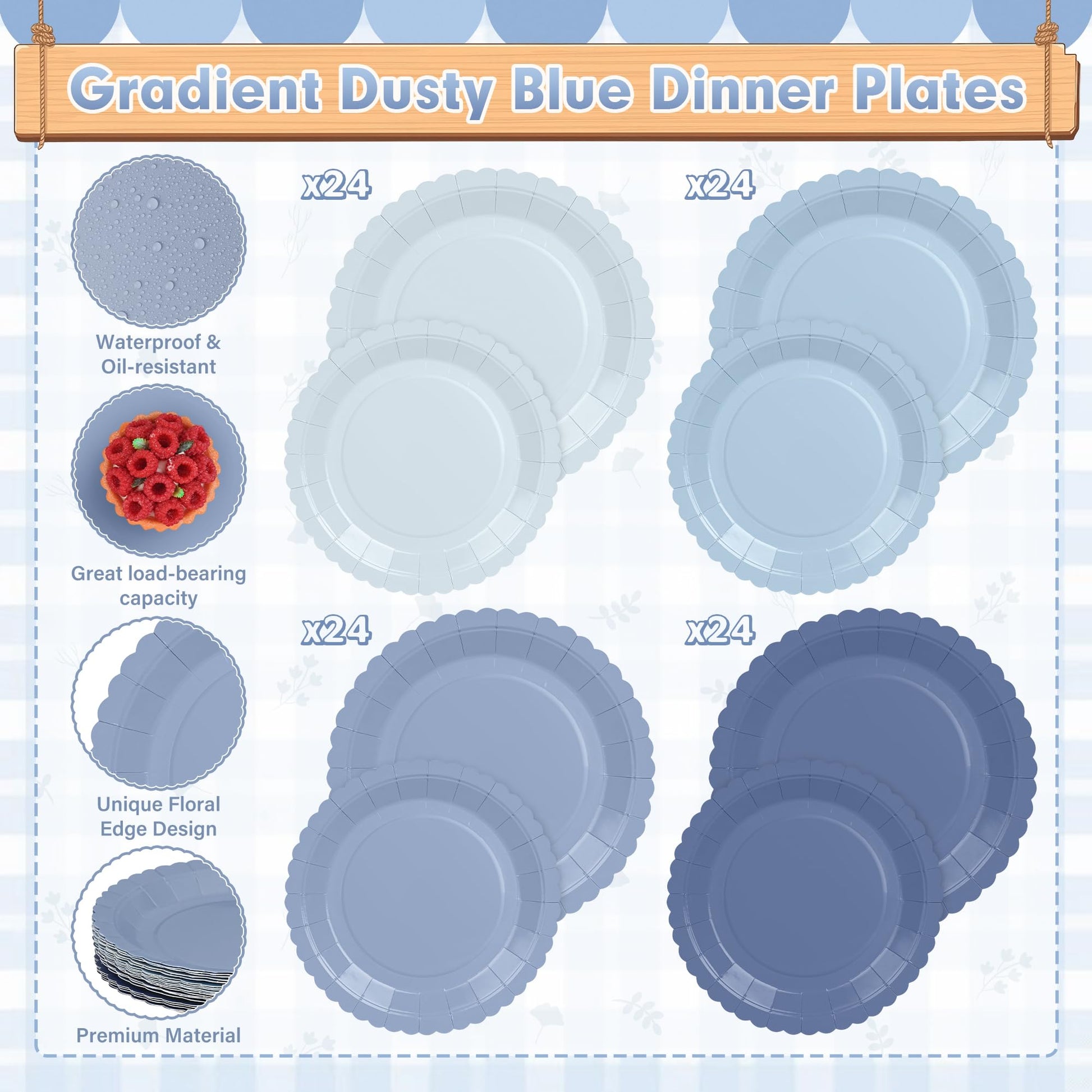168 Pcs Dusty Blue Paper Plates and Napkins, Baby Blue Paper Plates Party Supplies for 24 Guests Include Gradient Scalloped Plates Paper Napkin Cup