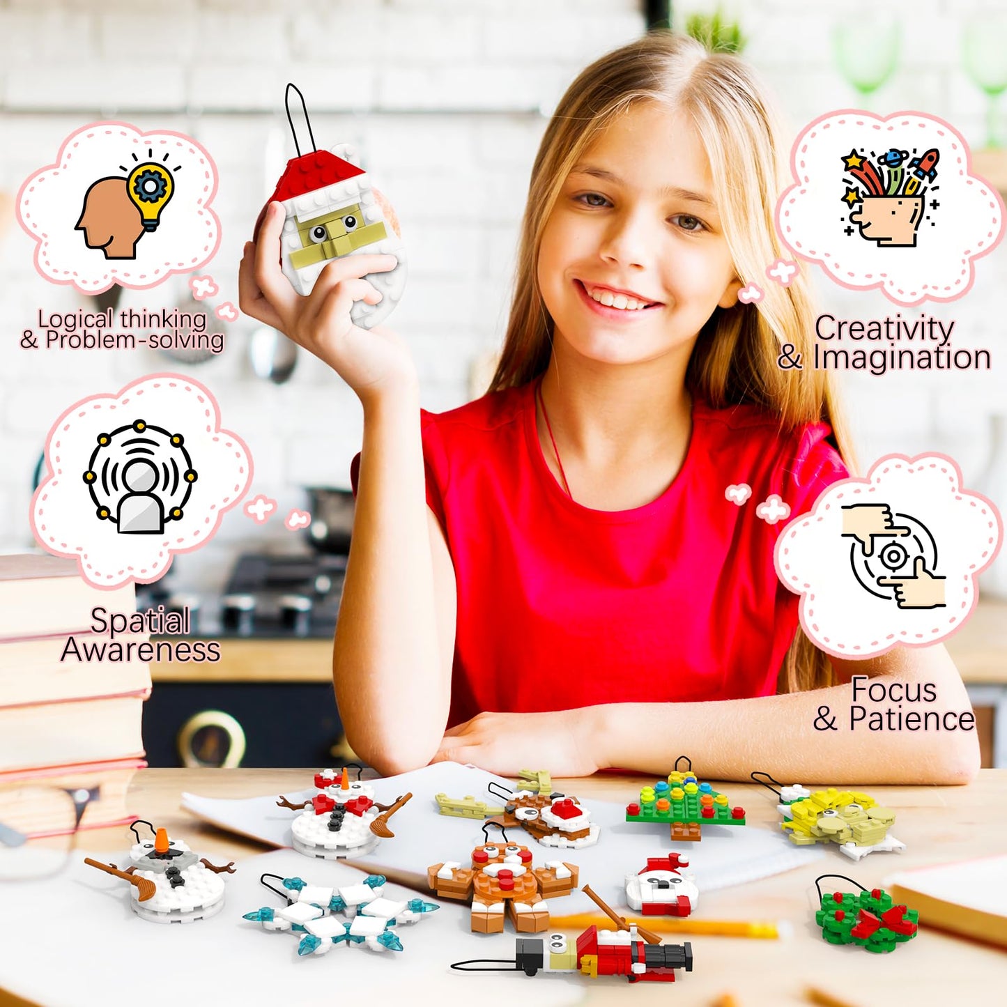 EIAVURPE Christmas Ornaments Building Set, 11-in-1 Christmas Tree, Wreath, Nutcracker, Gingerbread, Polar Bear, Snowflake, Reindeer, Santa, Stocking
