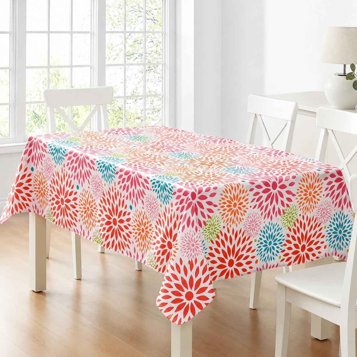 Newbridge 52 x 70 Inch Rectangle Patriotic Vinyl Tablecloth - Flannel Backed Fireworks Table Cover, Turquoise Orange Pink Green, July 4th and Memorial