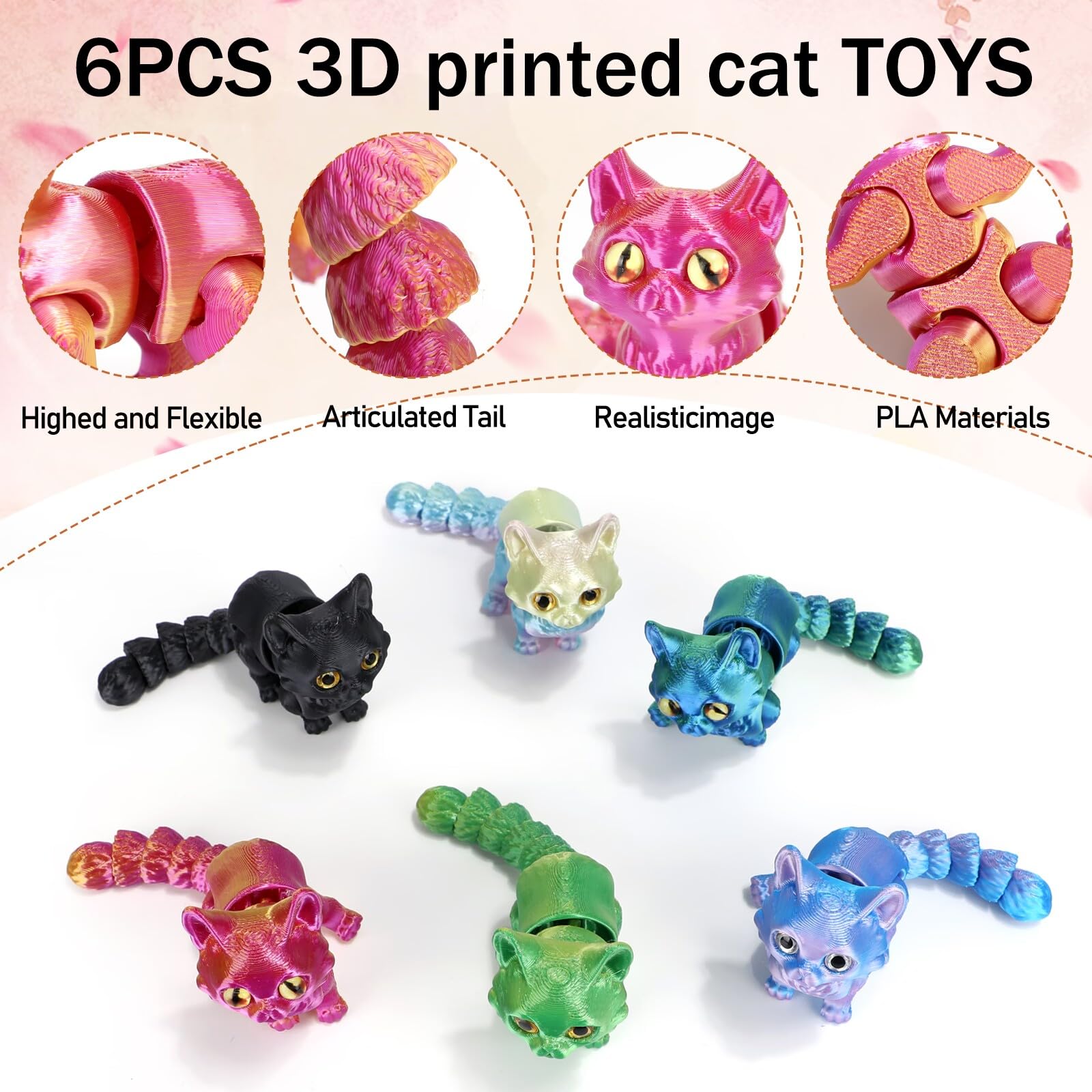 Hsodnr 3D Printed Animals, 3D Printed Cat Figures, Decorative 3D Printed Stuff for Home and Office, Perfect Desk Pets for All Age (6pcs)